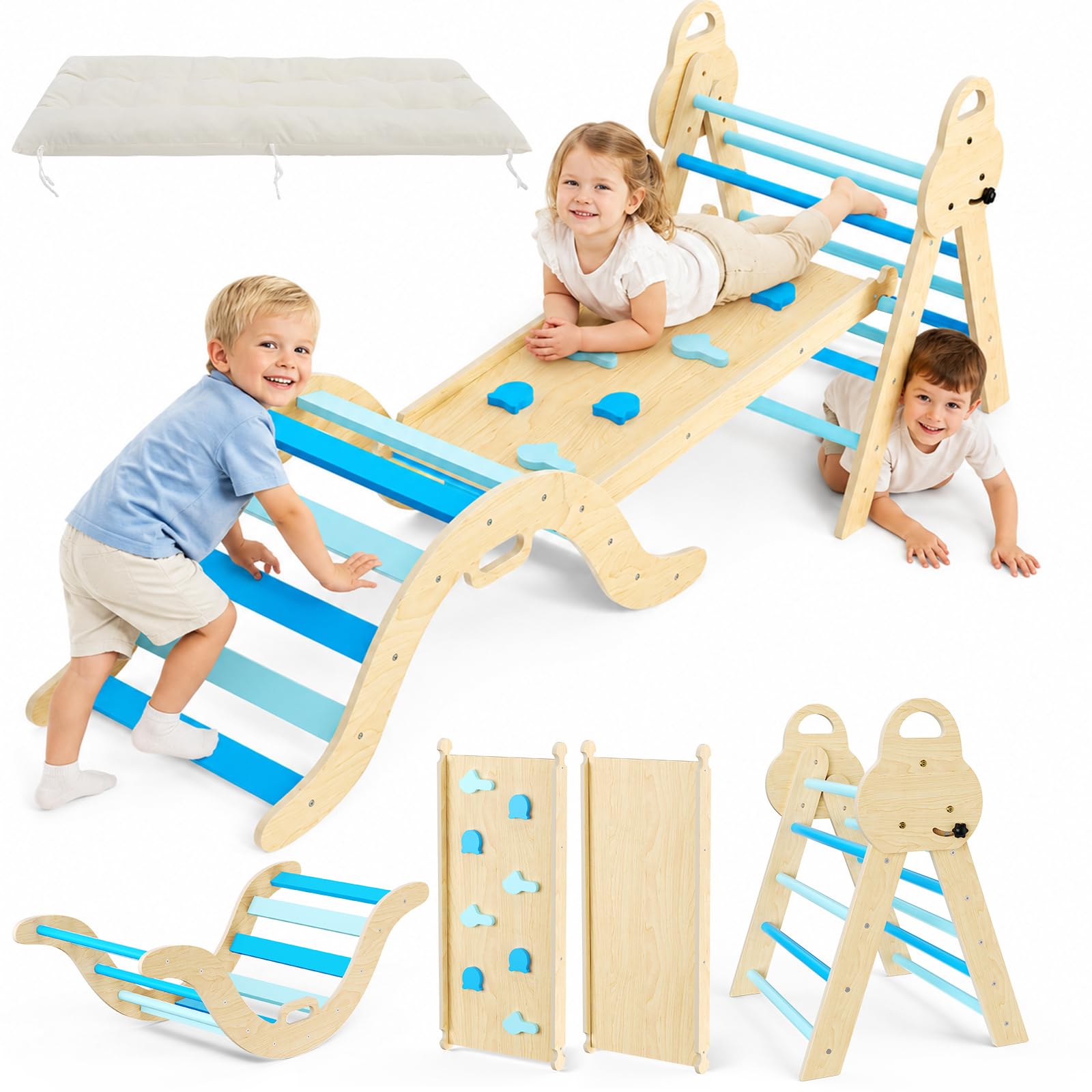 Montessori 7 en 1 estructura de escalada interior, triángulo de escalada con tobogán y arco de escalada, juguete de escalada de madera estable con alfombrilla de seguridad, parque infantil