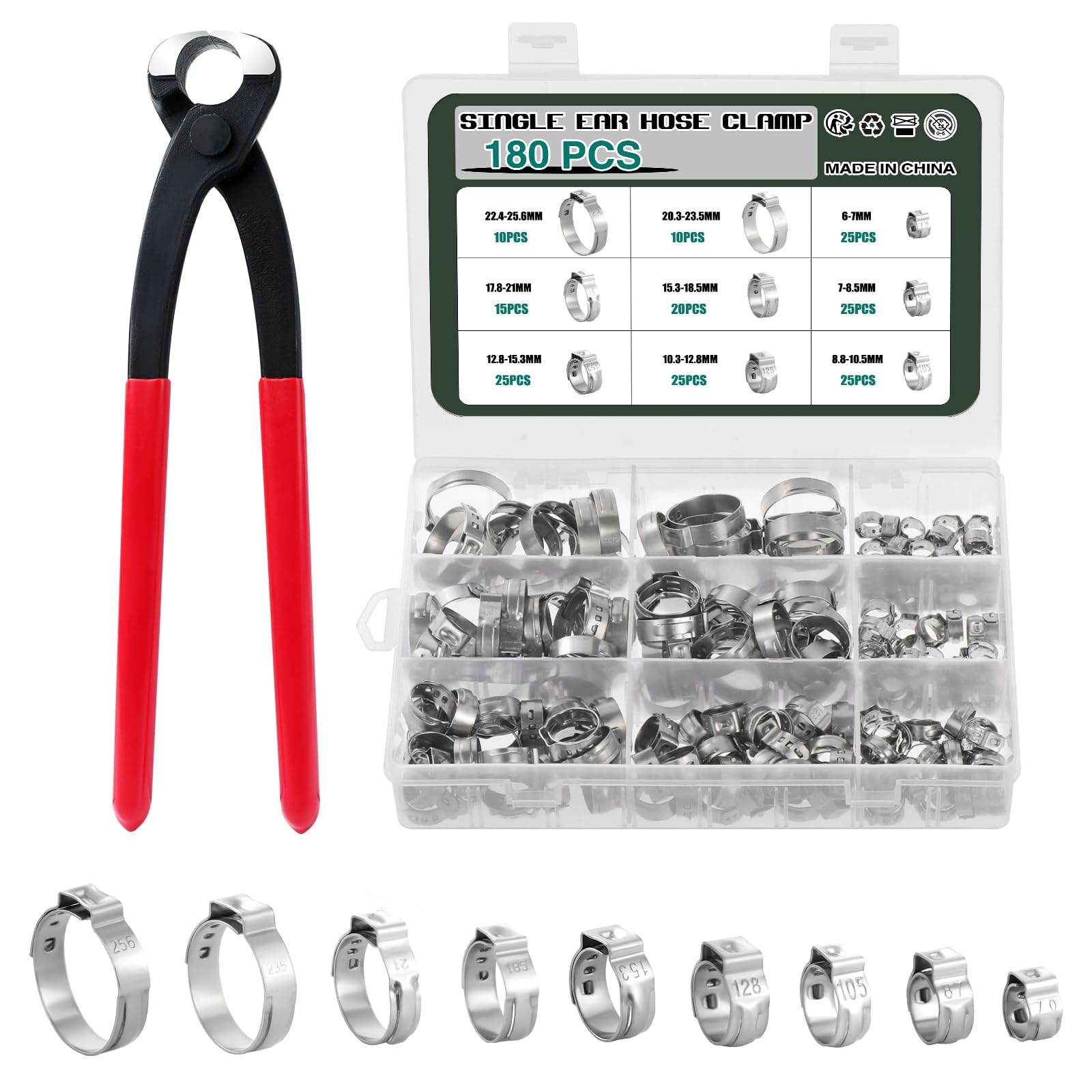 180 Pcs Colliers de Serrage à Oreille Unique,Acier Inoxydable 304,9 Tailles avec Anneaux de 6-25.6mm,Colliers de Serrage Simples,Collier de Serrage à Sertir Sans Palier