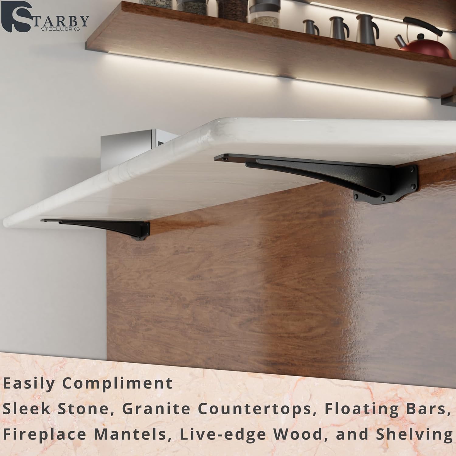 Starby Titan Heavy-Duty Support Brackets for Granite Countertops - Solid, Welded, Low Profile, Slim Design with 500 Lb Capacity - Ideal for Floating Shelves - 2 Pack