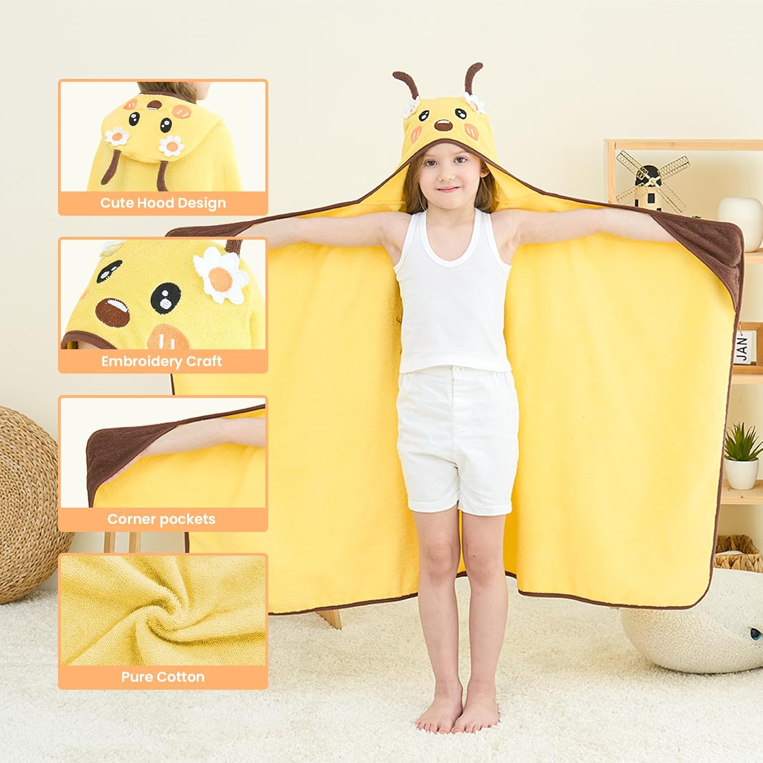 Style Quarters Yellow Bee Hooded Towel for Kids – Soft Cotton, Embroidered, Absorbent Baby Bath Towel – Quick Dry, Lightweight – 50x30 Inches – Perfect for Toddlers & Children