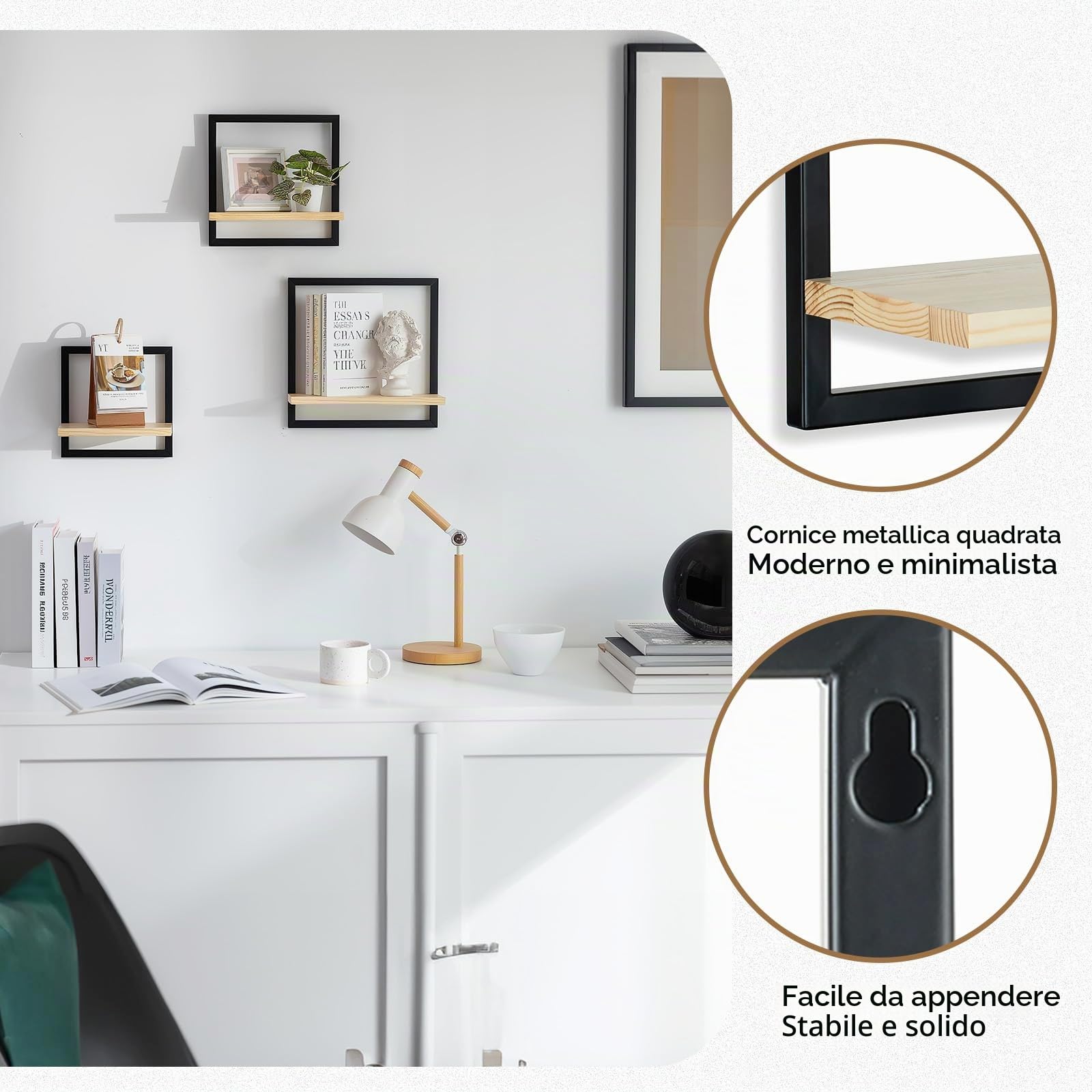 Mensola da parete nera in metallo per soggiorno: set da 3 ripiani quadrati da parete moderna, decorazione da parete, per camera da letto, bagno, angolo