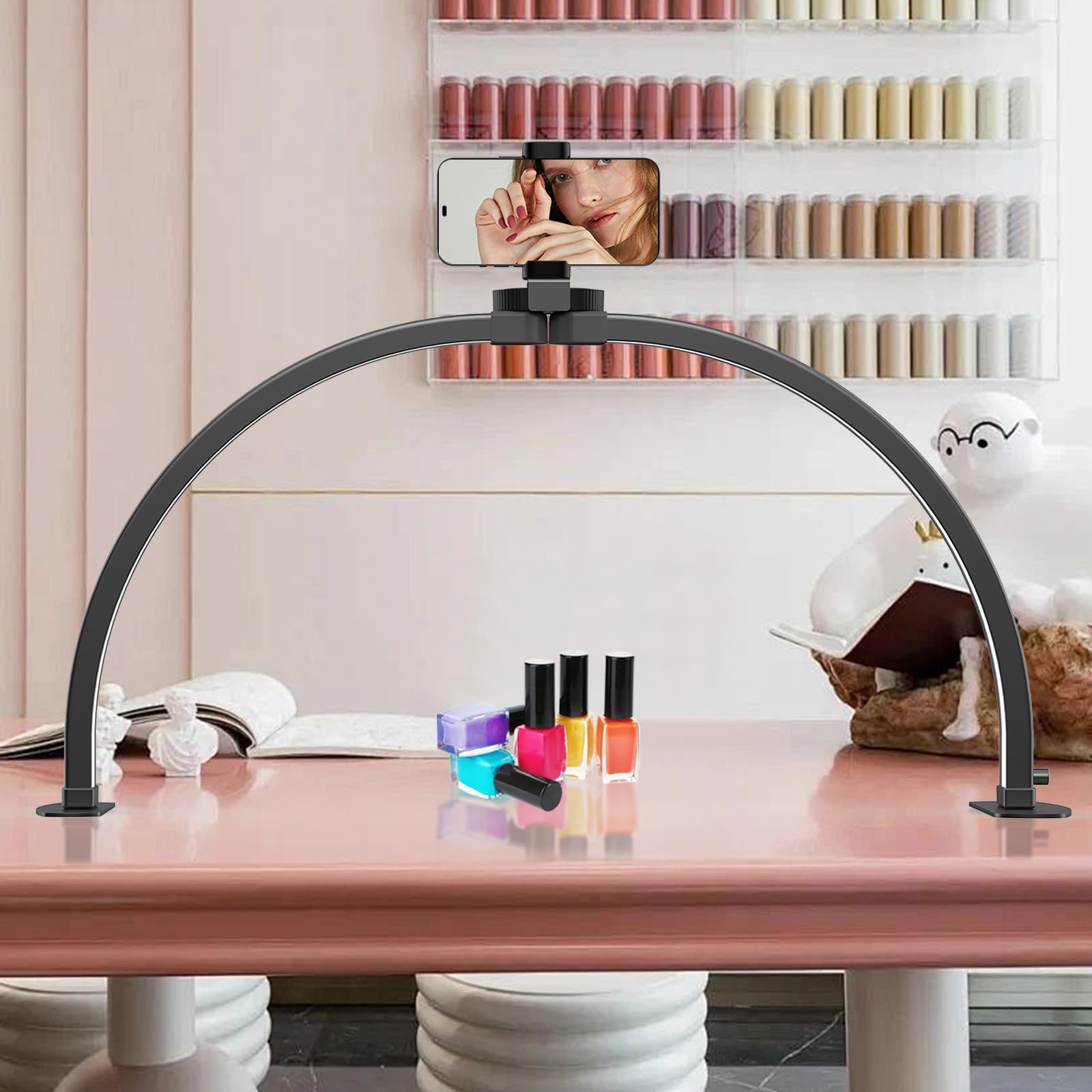 Halbmond Lampe für Nagel Schreibtisch, 74CM Faltbare LED Nageltischlampe für Nail Tech mit Telefonhalter, Halbmond Licht Ästhetiker Wimpern Licht für Wimpernverlängerungen, Tattoo (Schwarz)