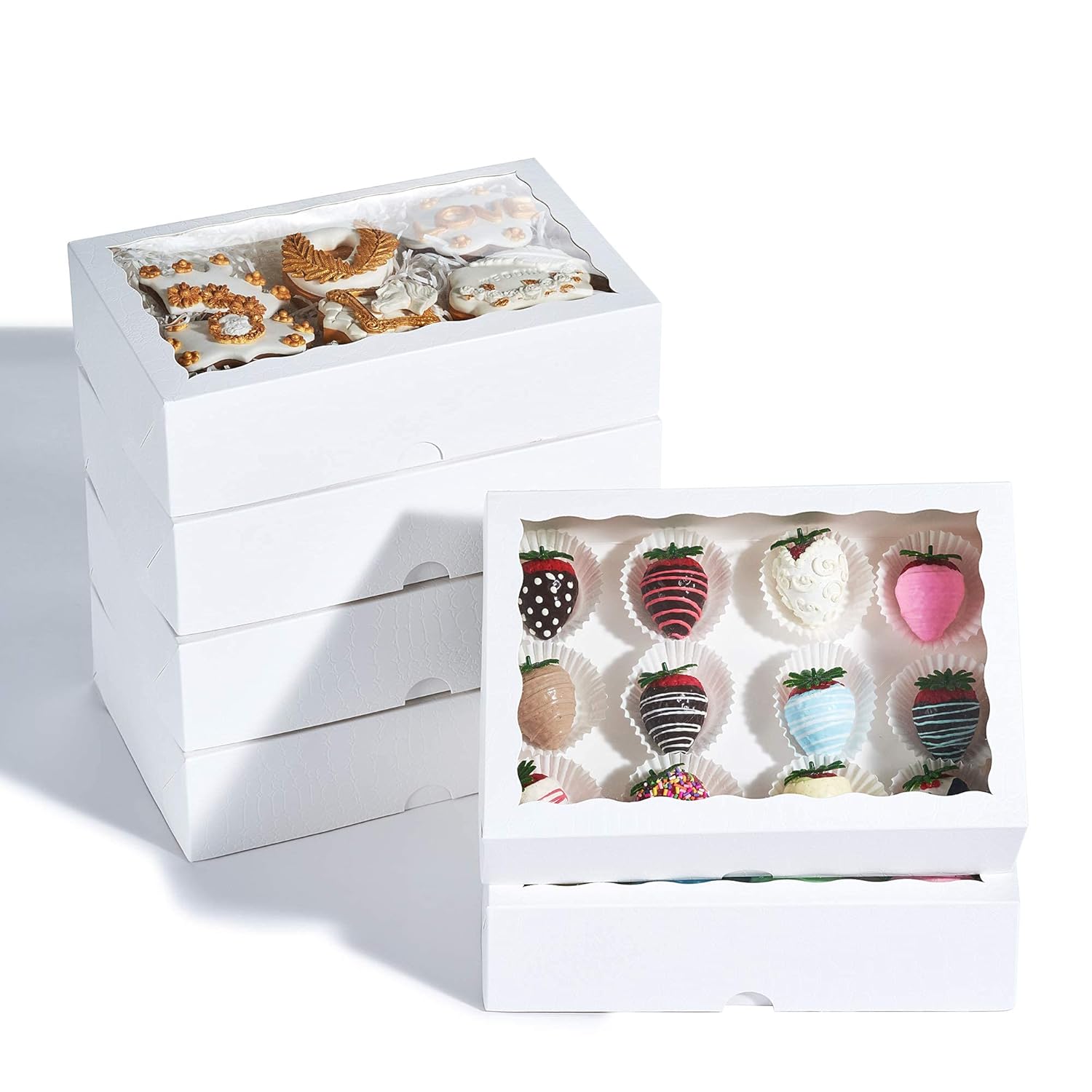 50PCS 10 x 7 x 2.5 inches One Piece White Bakery Boxes, Strawberry Boxes, Elegant White Cookie Boxes with Display Window