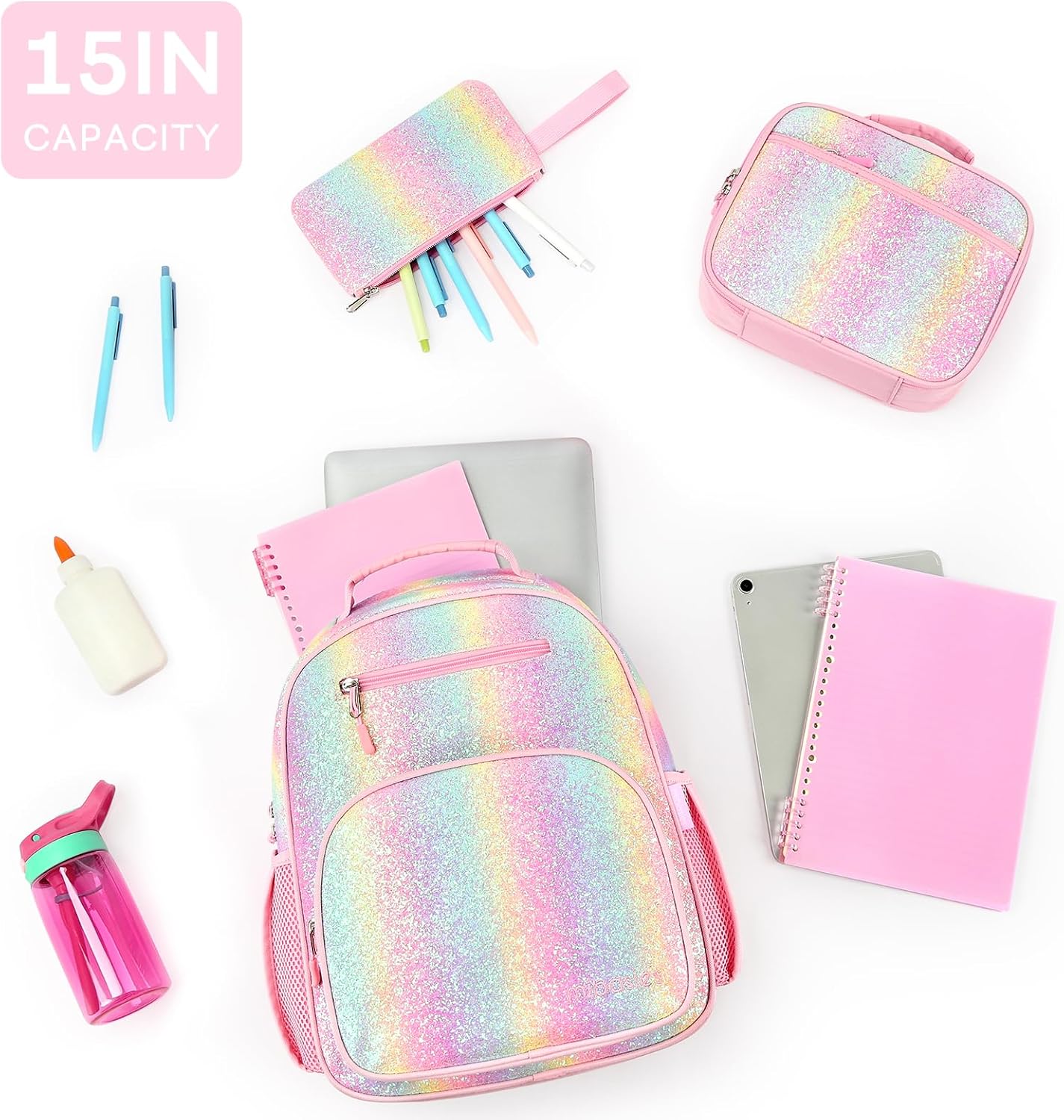 mibasies Girls Backpack with Lunch Box: 3PCS Kids Backpack Set for Kindergarten Elementary - 15 IN Cute Bookbag - Glitter Rainbow