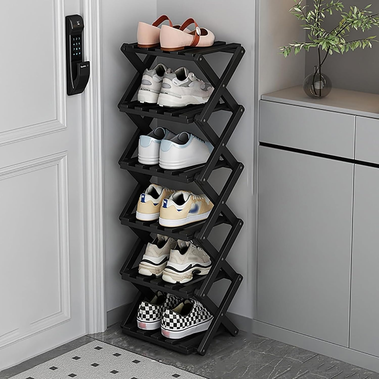 Foldable Shoe Rack — Vertical, Narrow, and Compact; No Assembly Required; Corner Storage Unit — Ideal for Entryways and Hallways.
