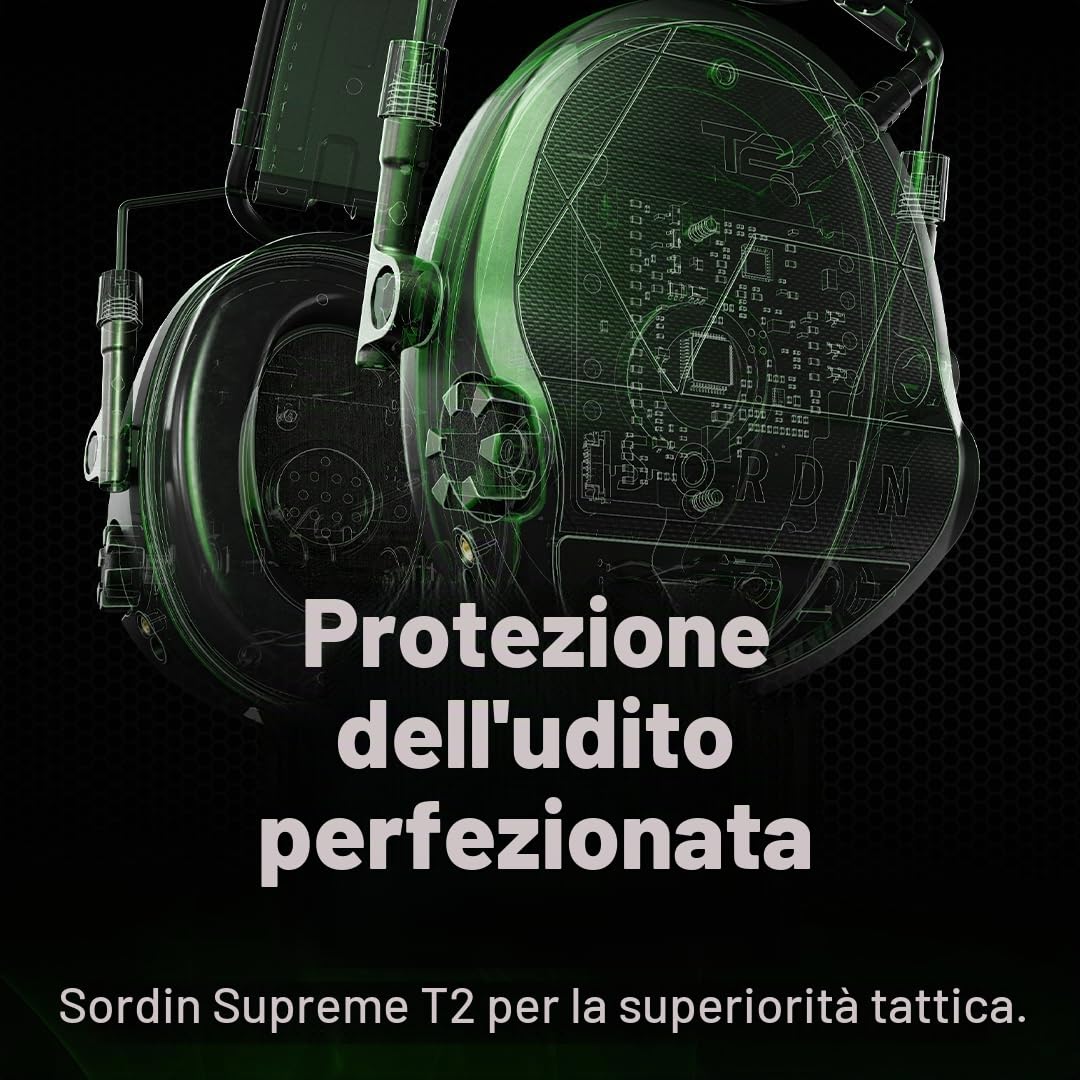 Sordin T2 Cuffie antirumore - Protezione acustica conforme alle norme militari con archetto in pelle - attiva ed elettronica