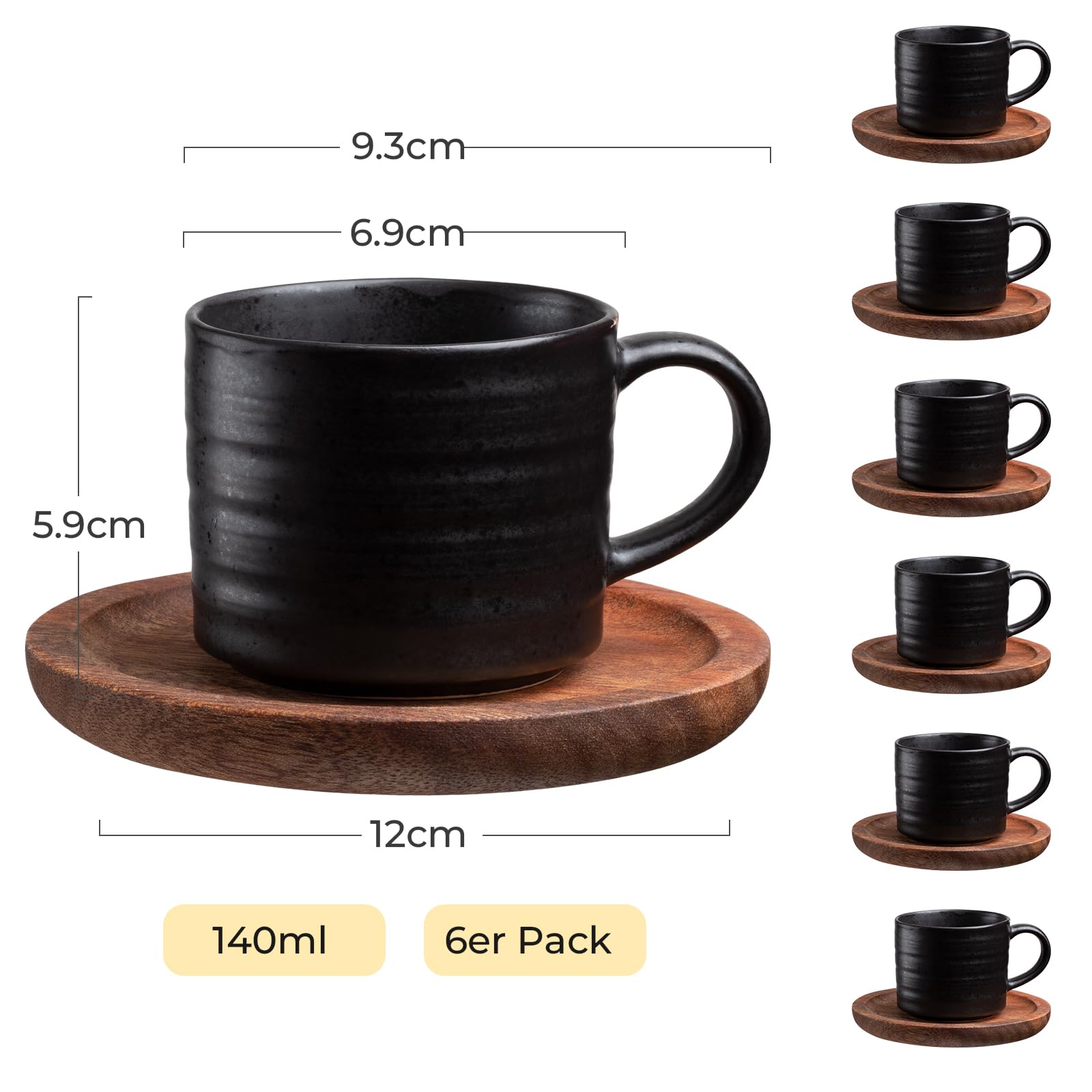 Cappuccino Tassen Set 6 x 140ml Kaffeeservice Steingut, 12 teiliges Kaffeeset für 6 Personen, Tassen mit Untertasse Kaffeetassen Set Edle Beinhaltet Kaffeelöffe Vintage Schwarz