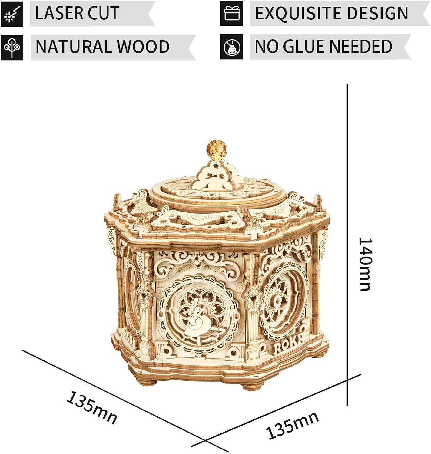 ROKR 3D Wooden Puzzles Delicate Music Box, DIY Mechanical Model Kits, Romantic Gift on Birthday/Valentine's Day, Vintage Style Decoration for Home