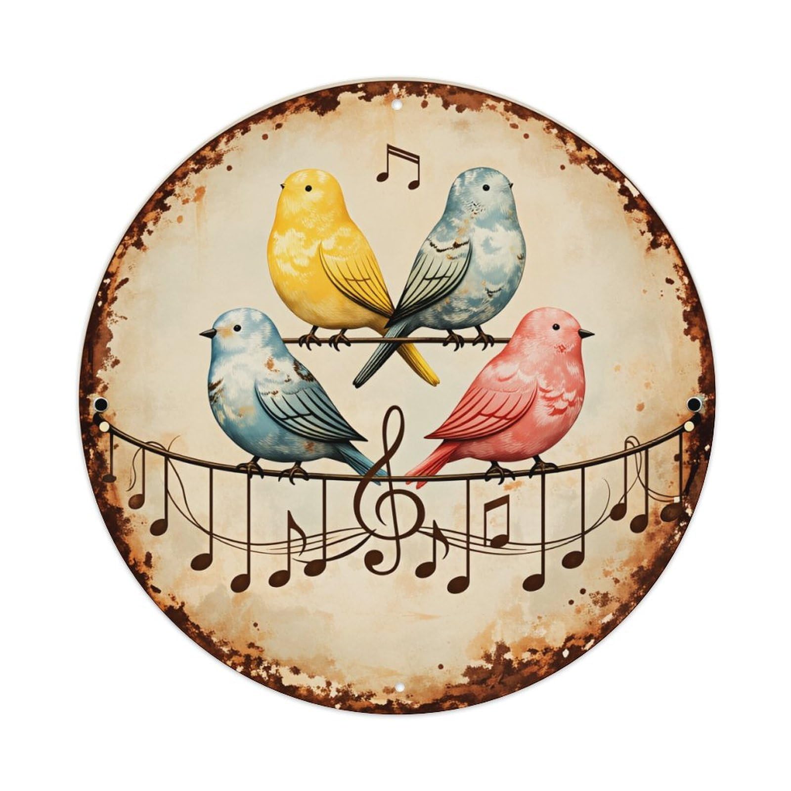 Birds Music Notes Colorful Circle Vintage Metal Tin Sign Retro Wall Decor for Home Bar Garage Cafe, Indoor & Outdoor Decorative，circle Metal Poster, 8x8 Inch