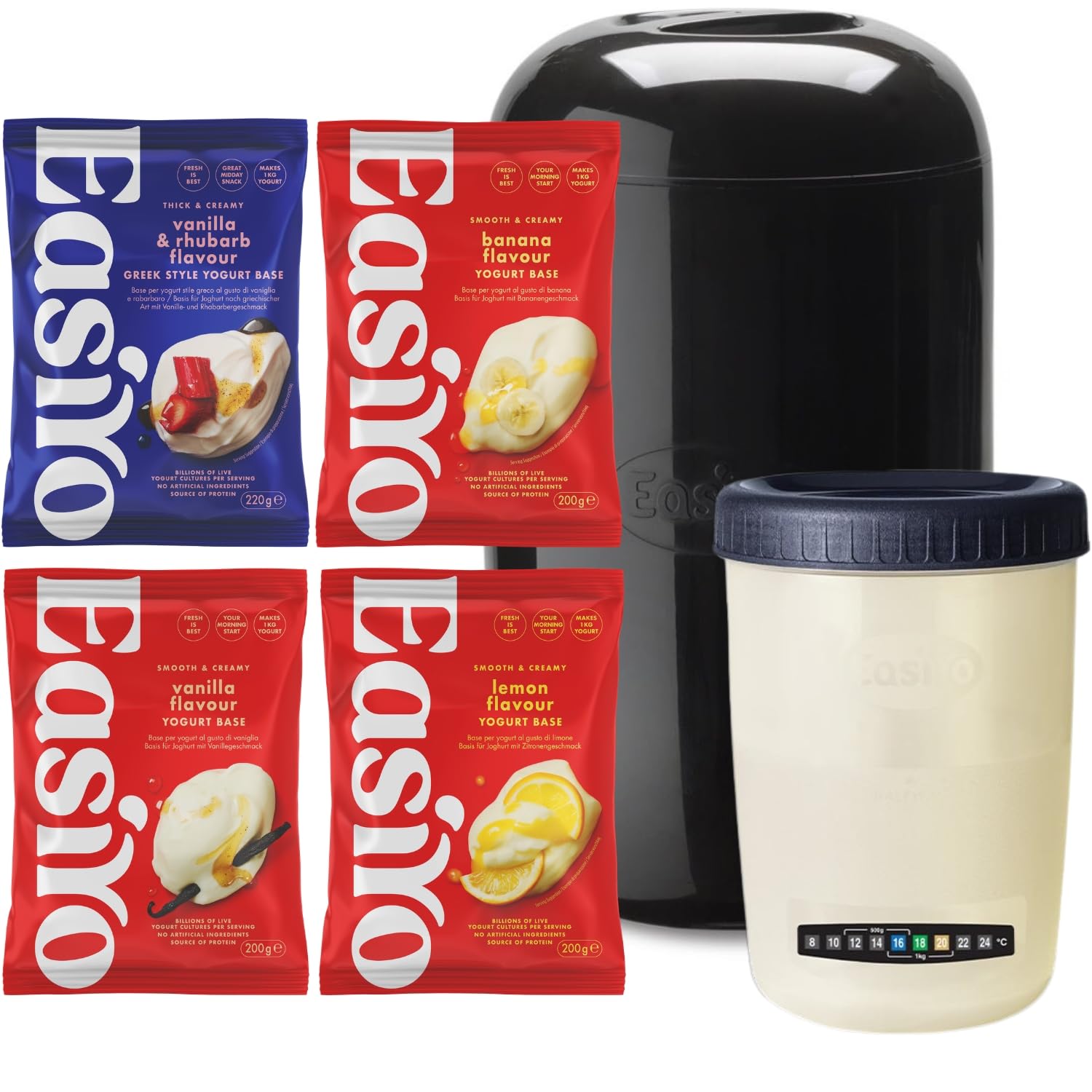 EasiYo Black Yogurt Maker Starter Pack | Includes 4 Sachets: Vanilla, Lemon, Banana & Greek Style Vanilla & Rhubarb | 1KG Yoghurt Maker | Homemade Yoghurt Kit