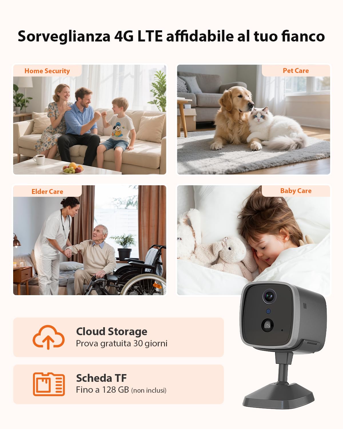 4G LTE telecamera di sorveglianza interna con scheda SIM dati, fotocamera 2K Super HD a batteria, mini fotocamera senza WLAN, rilevamento movimento PIR, visione notturna 3MP, grandangolo 120°