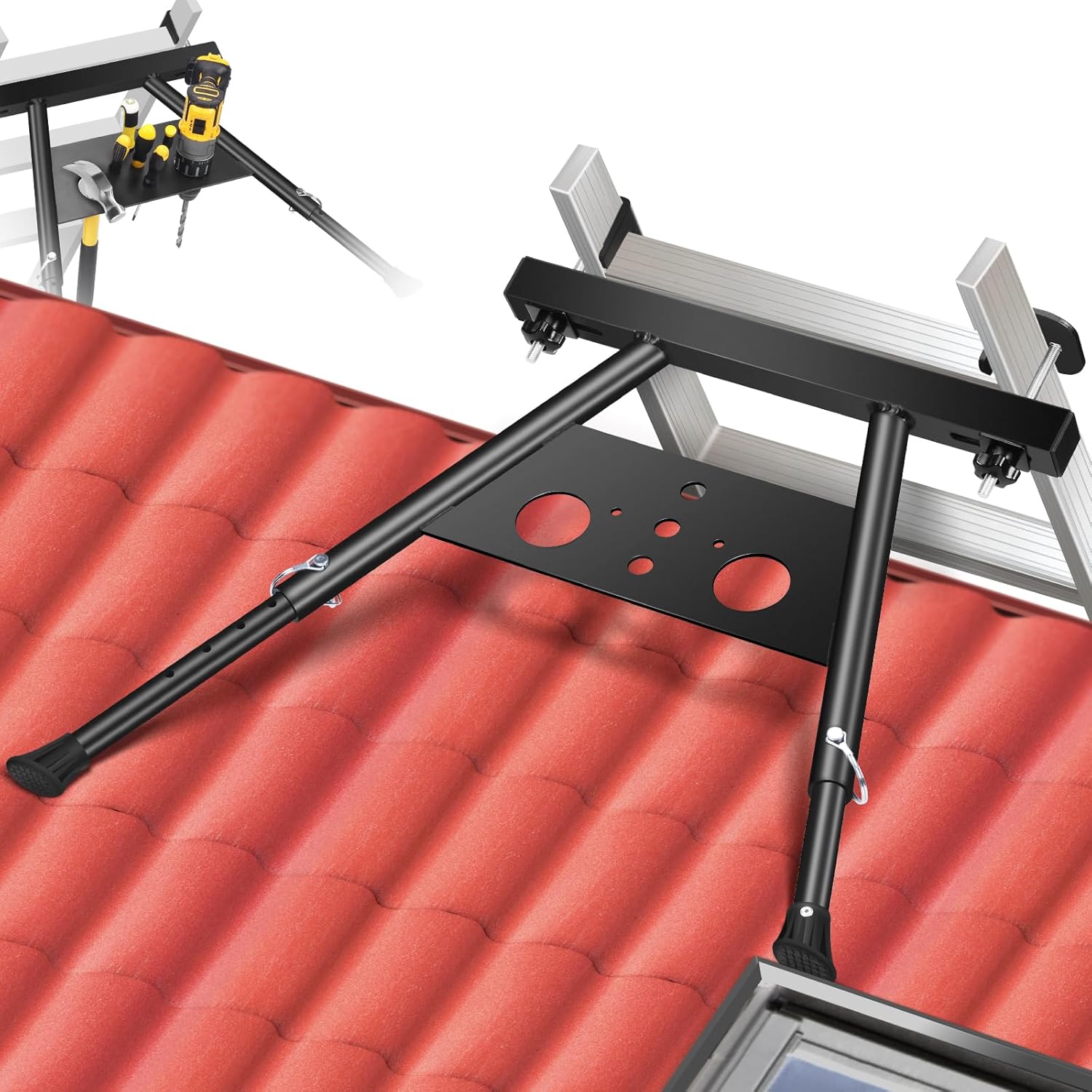 Ladder Stabilizer for Gutter, Heavy Duty Roof Ladder Stabiliser for Extension Ladders, Anti-Slip Ladder Tool for Roofing Wall, Adjustable Length 22-29.5in, withstands 300 LBS Weight Rating