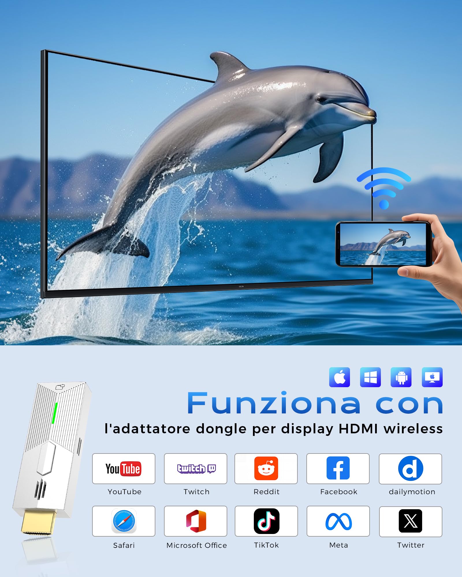 Dongle HDMI Wireless Mirroring-Adattatore Wireless Display Dongle HDMI 1080P@60Hz, 5GHz AirPlay/Miracast per TV/Proiettore (compatibile con Smartphone, Tablet, PC/Mac)