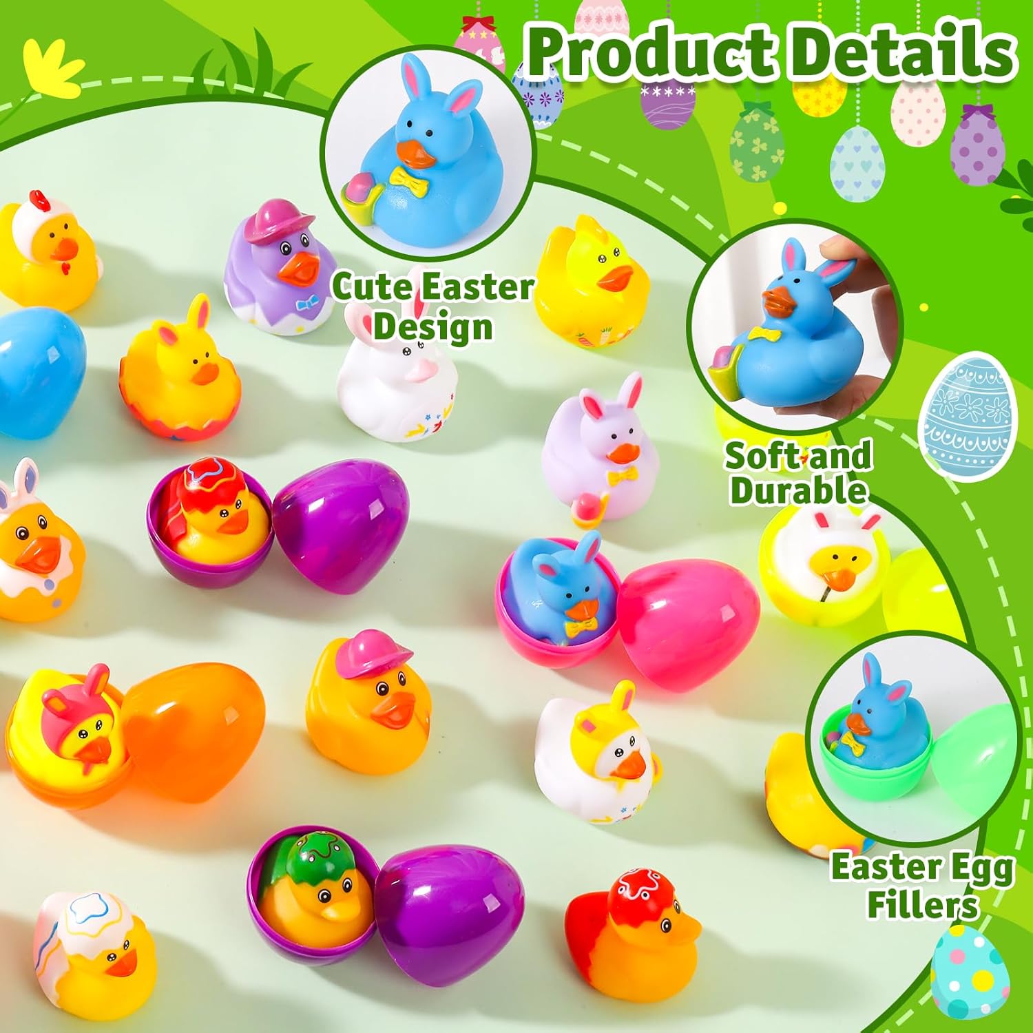 24 Pcs Prefilled Easter Eggs with Easter Rubber Ducks, Easter Basket Stuffers Party Favors, Fun Bath Toys Jeep for Ducks, Easter Egg Hunt, Holiday Classroom Gifts Prizes for Kids Toddler