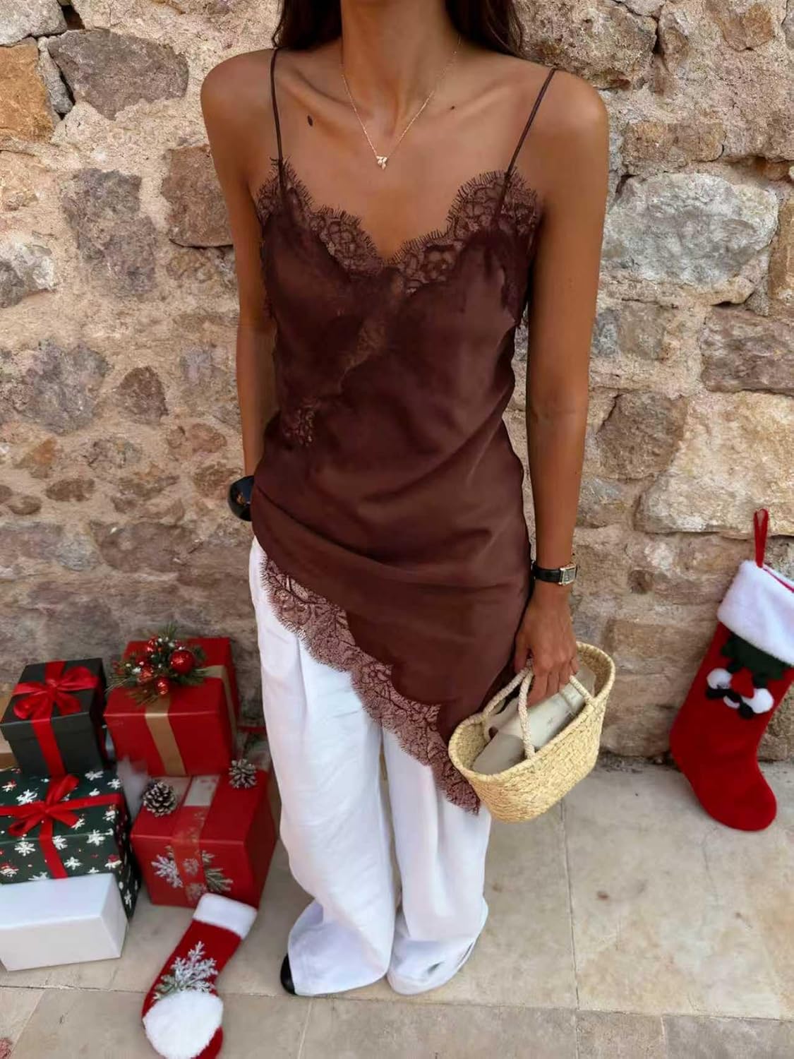 Women's New Solid Color Simulated Silk Lace Camisole Satin Asymmetric Vest Backless Lace Patchwork Camisole Skirt - Image 2