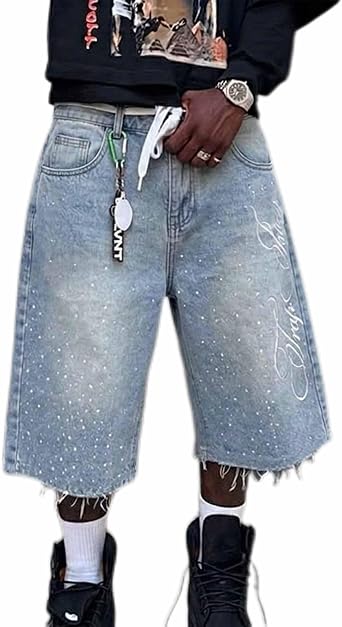 Mens Rhinestone Jean Shorts Fashion Wide Leg Hip Hop Glitter Denim Shorts Y2k Jean Jorts