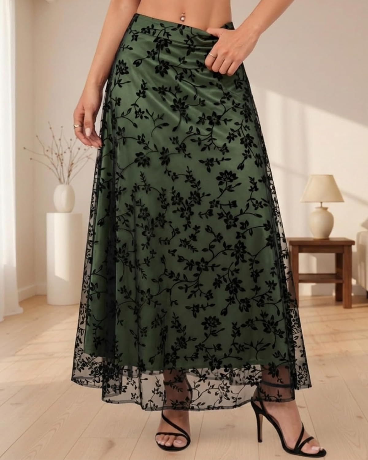 Women Floral Mesh Midi Skirt Boho High Waist Layered Tulle Skirt Flowy A-Line for Spring Fall Travel Wedding Date - Image 2