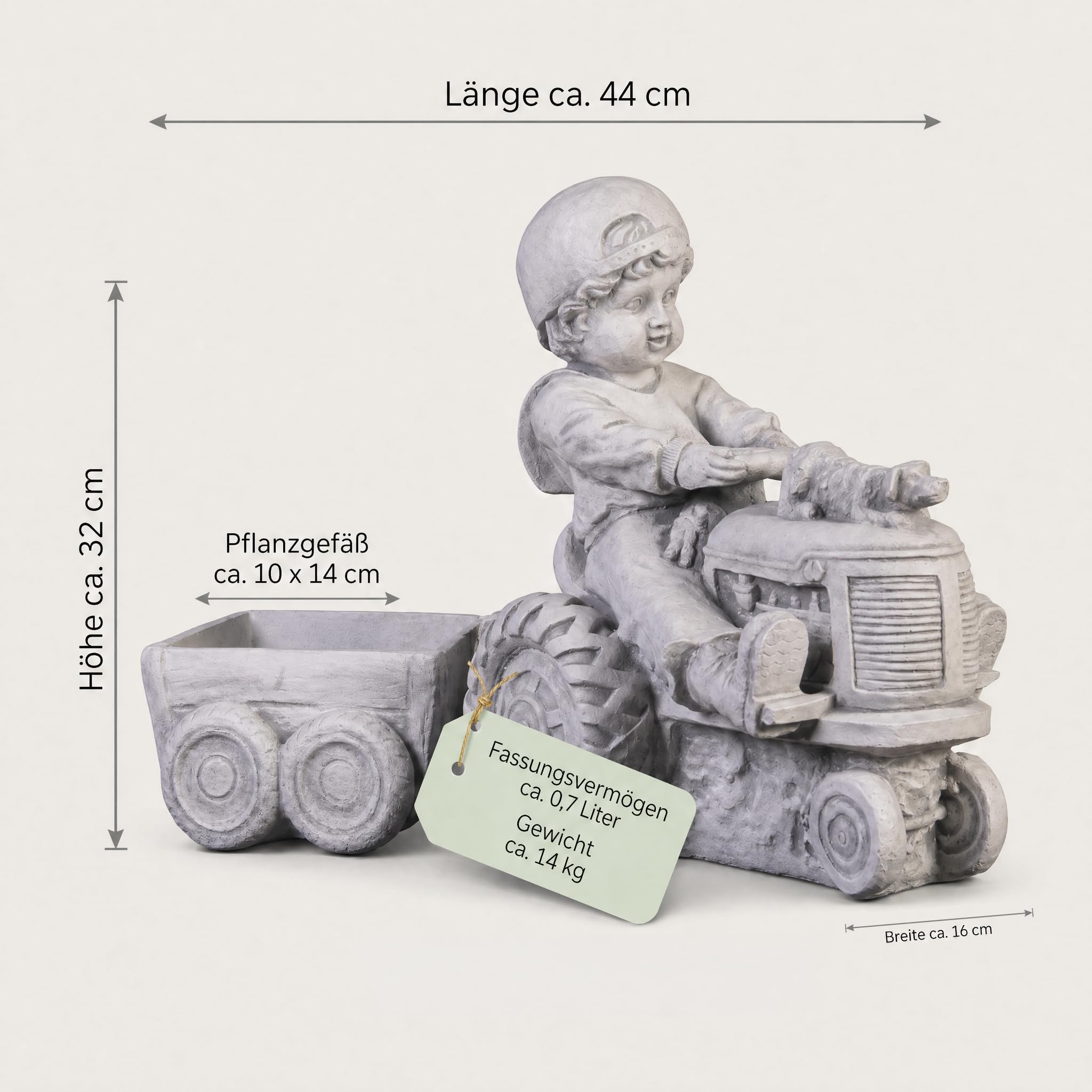 gartendekoparadies.de Gartendeko Junge mit Traktor und Anhänger als Pflanzgefäß, Steinguss Grau, H 32 cm, ca. 0,7 l, ca. 14 kg, frostfest bis -30 °C