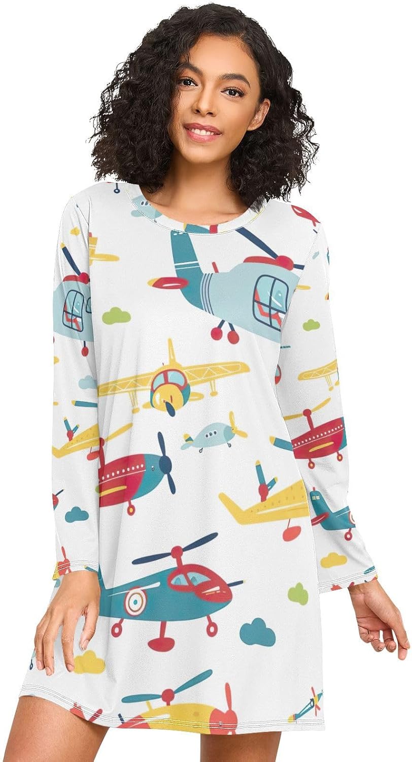 Womens Sleep Shirts, Long Sleeve Womens Nightgown, Comfortable Pajama Dress for Autumn, Planes and Helicopters