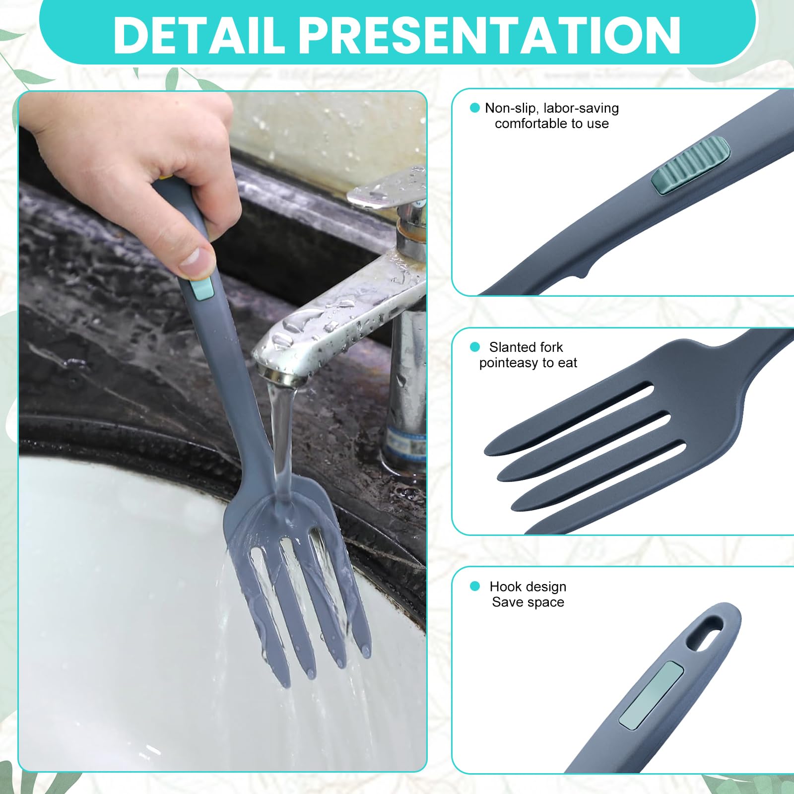 GZqiacang - Set di 4 forchette da cucina in silicone, resistenti al calore, in silicone, con 4 ganci, per cucinare, mescolare, utensili da portata (azzurro, blu scuro)