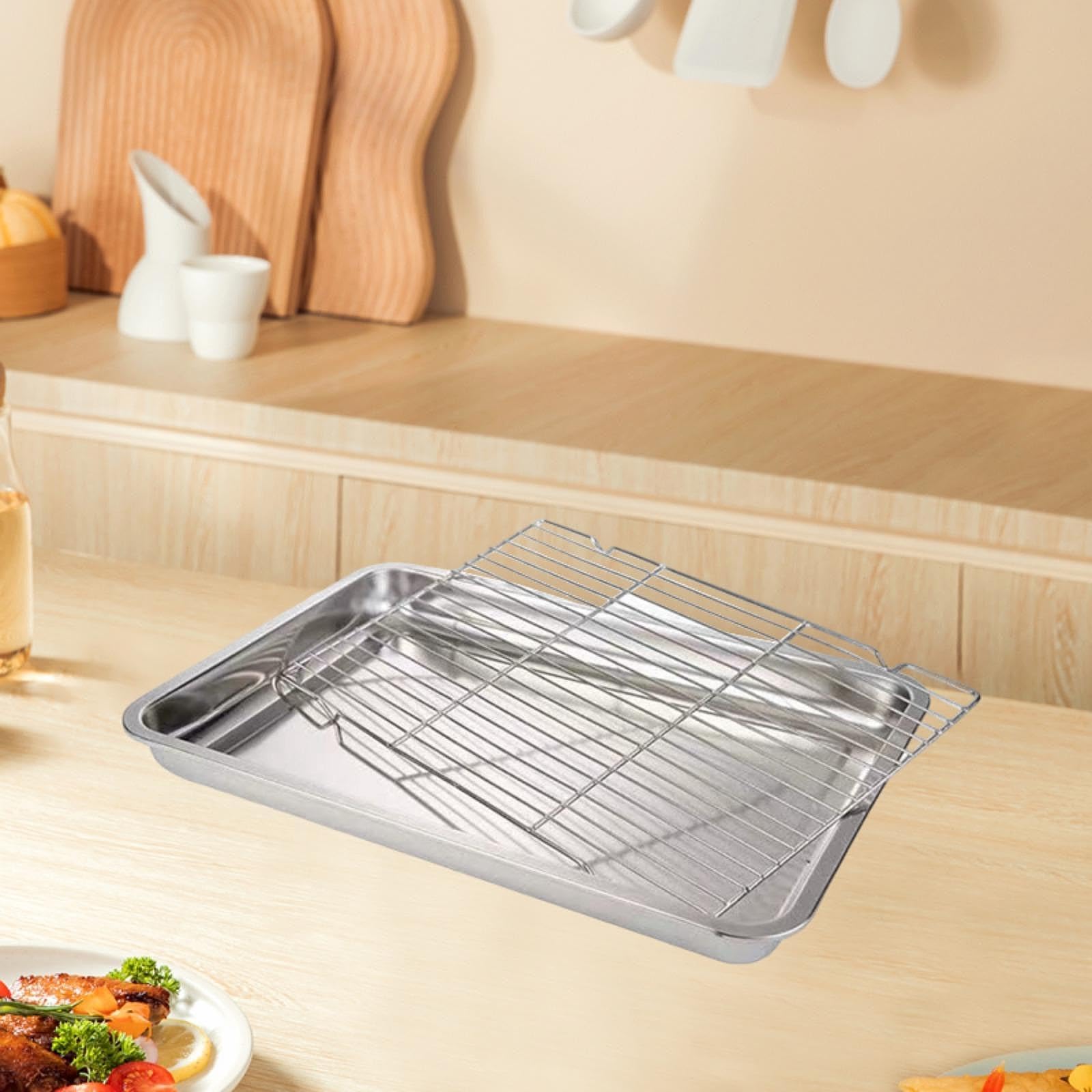 Teglia in Acciaio Inox con Griglia di Raffreddamento, Leccarda per Forno Rettangolare, Materiali Sicuri, Antiruggine e Facilissima da Pulire per Croccante, Frittura e Barbecue, 60 X 40 X 4.8 cm