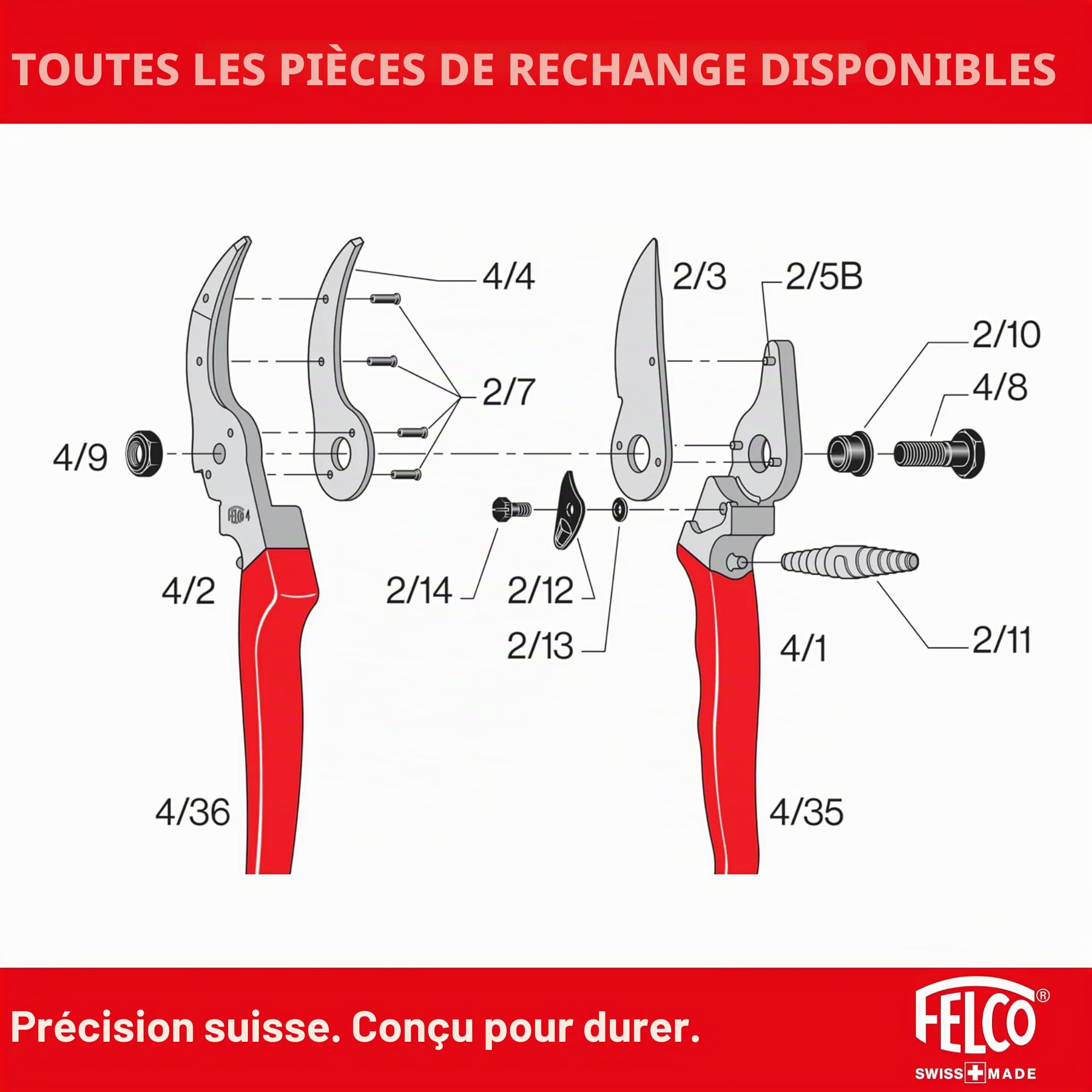 FELCO 4 sécateur droitier grandes mains, taille intensive, coupe 25 mm | Sécateur robuste à lame acier trempé 45 mm, pour un usage quotidien exigeant au jardin et au verger. Swiss Made.