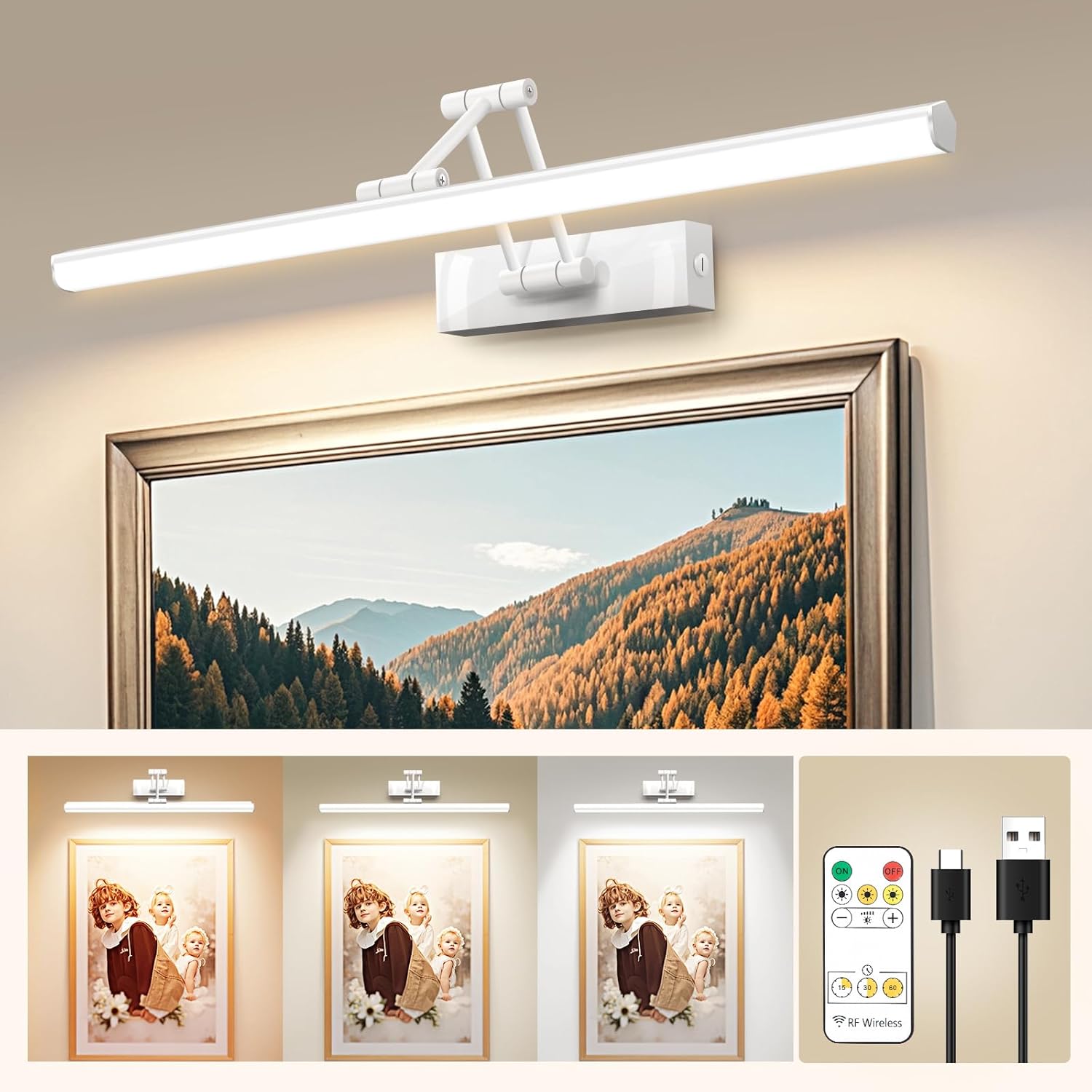 23.7 Inch Battery Operated Picture Light, 6000mAh Picture Lights for Wall Rechargeable with Timer, White Wireless Art Lights for Paintings with Remote Control, 4500K Paintings Light for Frame 23.7 Inch Battery Operated Picture Light, 6000mAh Picture Lights for Wall Rechargeable with Timer, White Wireless Art Lights for Paintings with Remote Control, 4500K Paintings Light for Frame