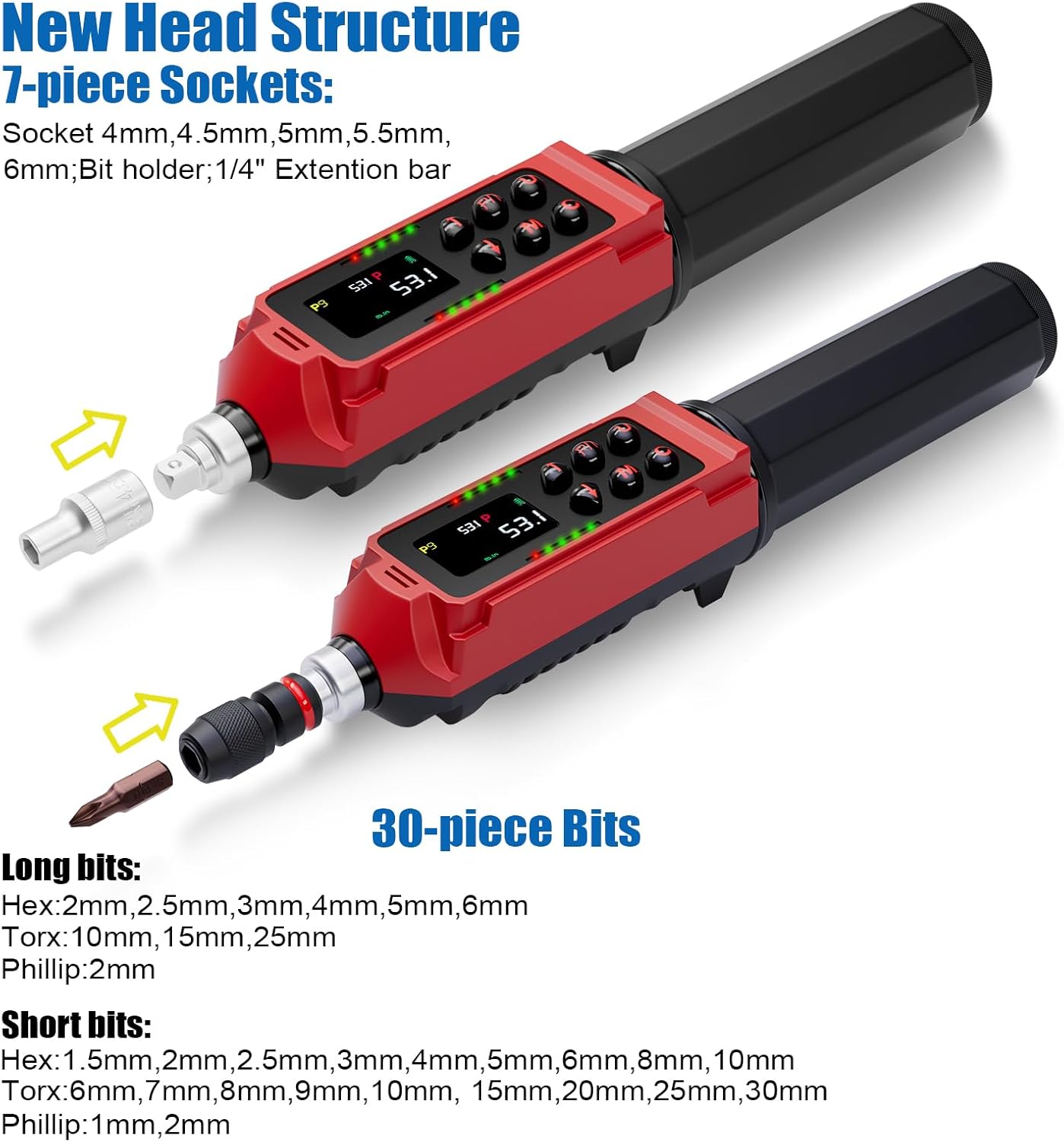 Digital Torque Screwdriver, 0.8-53.1 In-lb (0.09-6 Nm), ±1% Accuracy 1/4" Drive Inch-Pound Torque Screwdriver Set with Buzzer, Vibration & LED Alerts for Bike, Electronics & Precision Repair