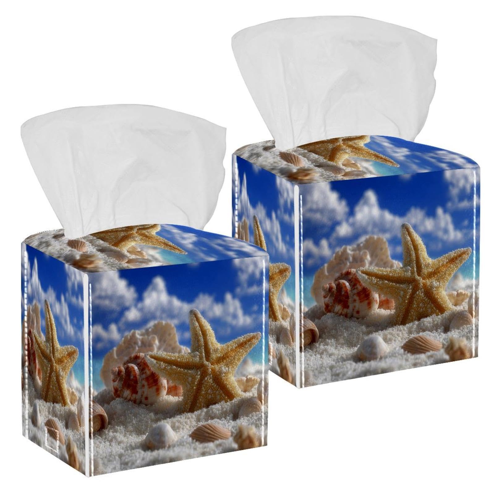 Beach and Starfish Tissue Box Cover, 2 Pack PU Leather Square Facial Tissue Dispenser Box holder for Home Office Car