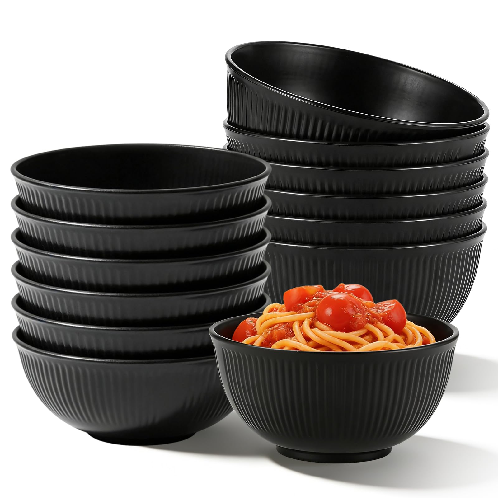 ZYETGH 12 PCS Unbreakable Cereal Bowls, Black Plastic Bowls Set 15 cm Reusable Breakfast Bowl Lightweight Bowl for Party Picnics Breakfast Snack (Black)