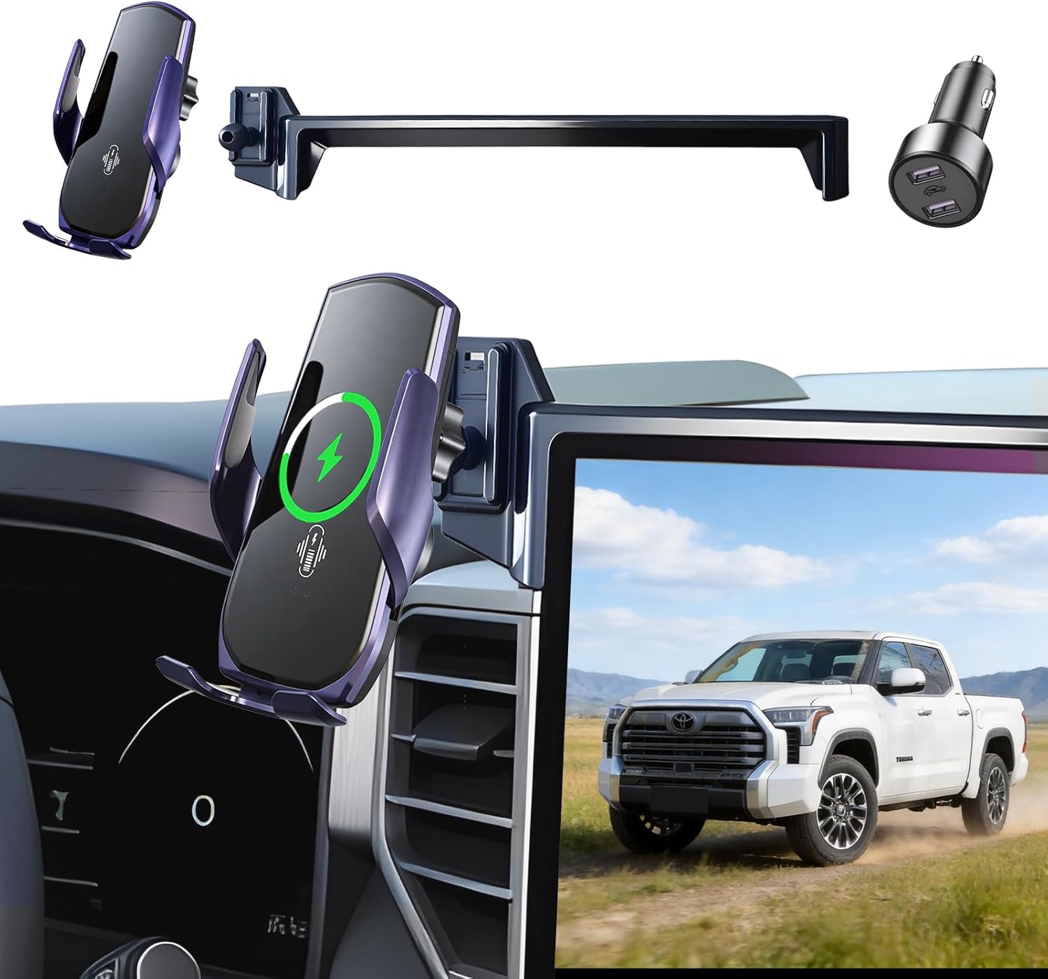 Car Phone Mount for 2022-2026 Toyota Tundra & 2023-2026 Toyota Sequoia, Smart Auto-Clamping on 14" Touchscreen, 15W Wireless Fast Charging, 360° Adjustable, Without Blocking Airflow