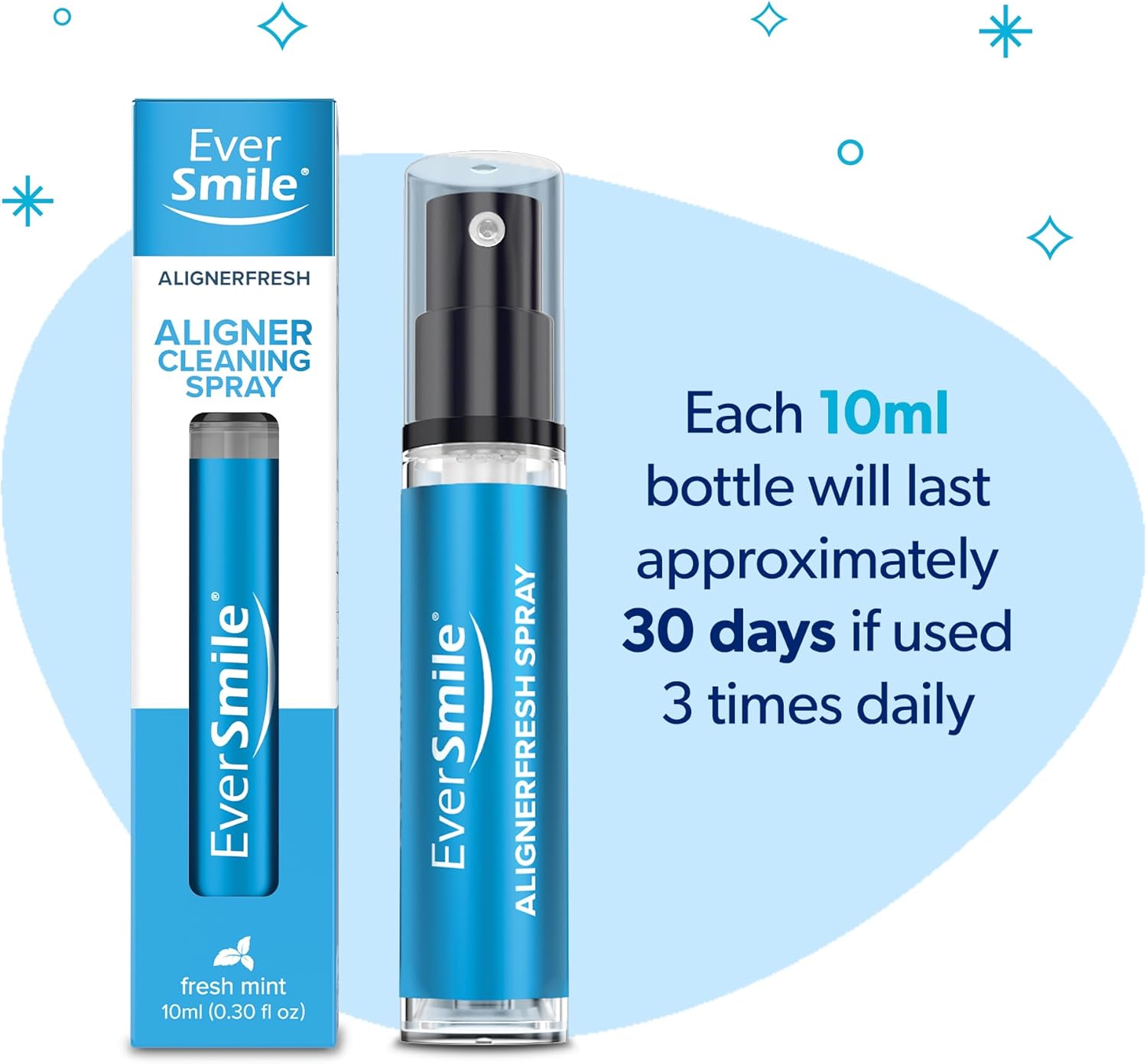 EverSmile AlignerFresh Cleaning Spray for Invisalign and All Clear Aligners and Retainers – On-the-Go Cleaning & Teeth Whitening, Kills Bacteria, Fights Bad Breath – Mint Flavor, 10ml (6 Pack)