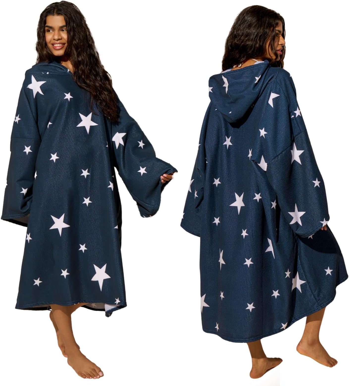 Dreamscene Surf Changing Towel Adults Womens, Swim Towels Poncho Changing Robe for Swim Beach Bath Hooded Towel Large Absorbent Quick Dry Microfibre Beach Robe, Navy Star