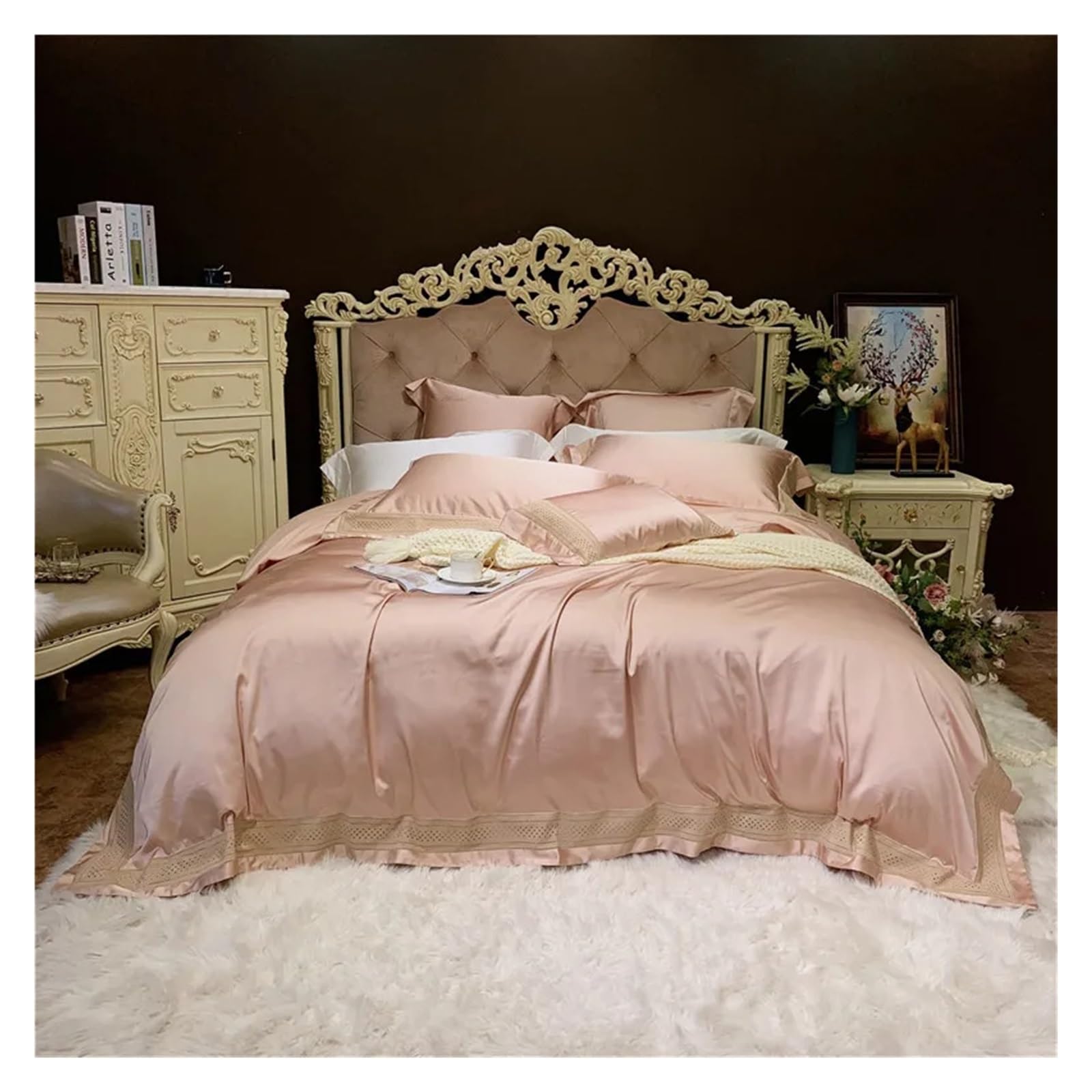 Sbcgfy D Luxury Soli Color Smooth Silky Bedding Set Uvet Cover Sheet Pillowcase King Queen Size Silk Cotton Be Linen,Cotton Uvet,-Queen Size 4 Pcs