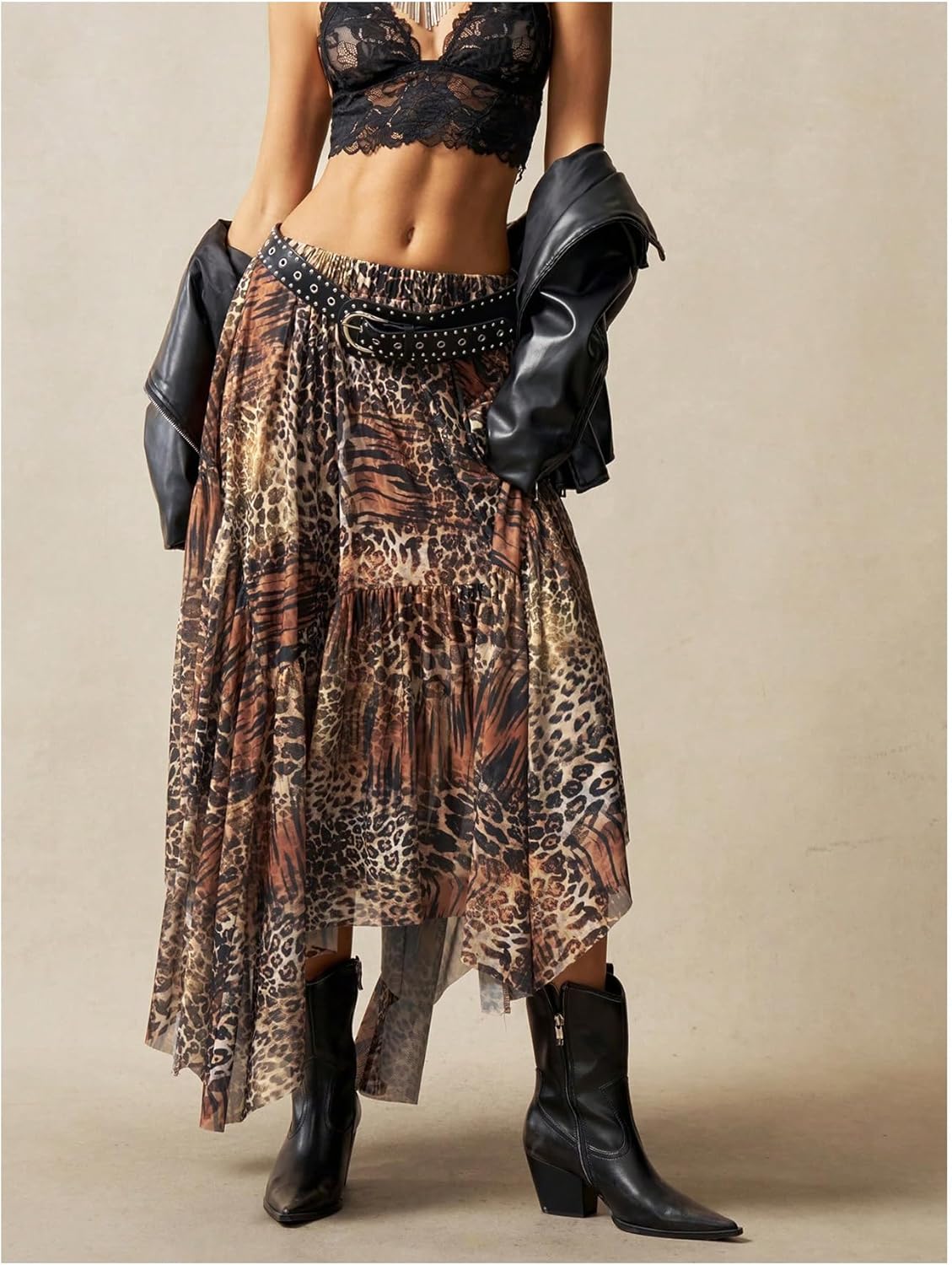 Women's Floral Asymmetrical Midi Skirt Boho Ruffle Mesh Elastic High Waist A Line Flowy Skirt Vintage Pirate Skirt - Image 5