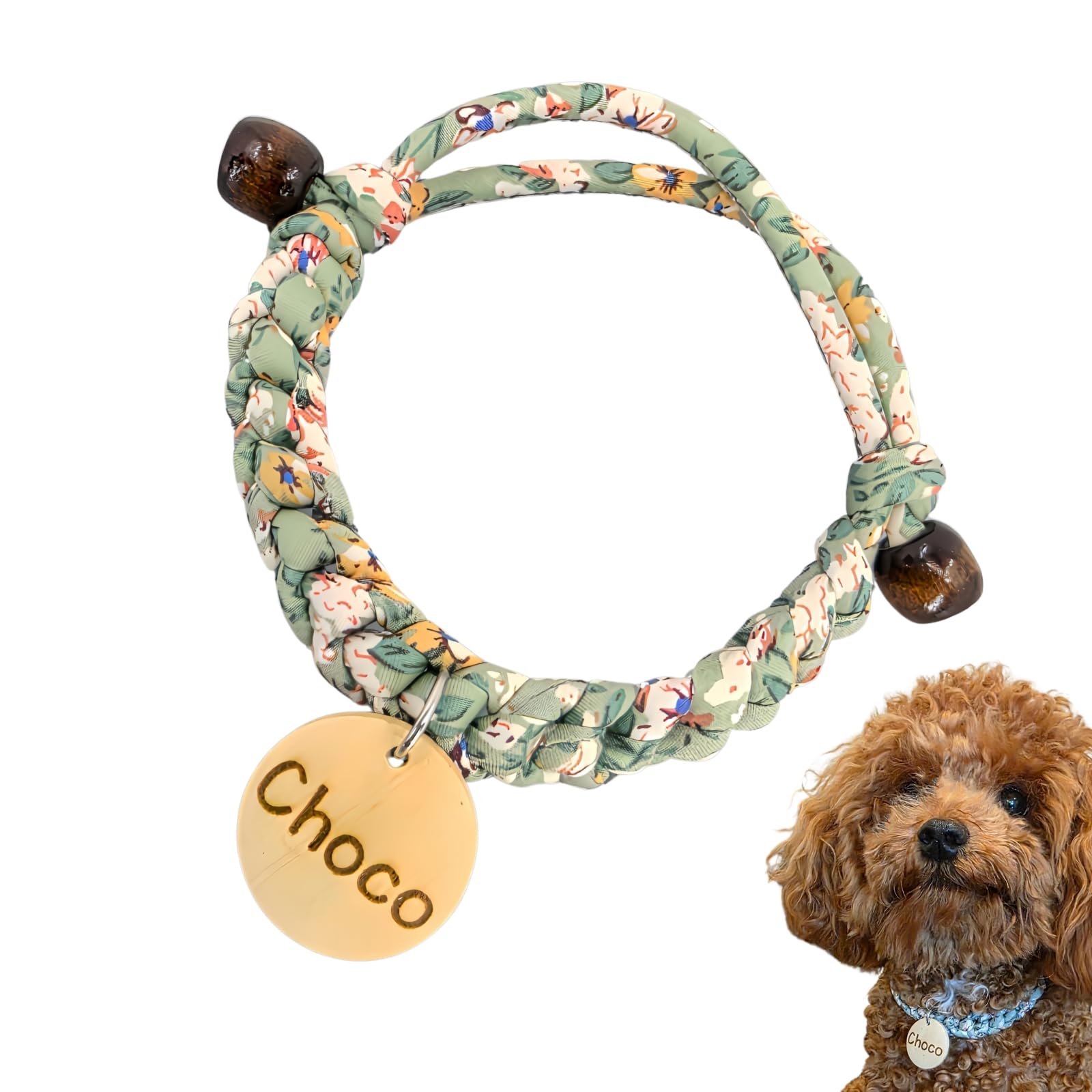 ChurroPet Custom Floral Cotton Dog Collar with 2 Engraved Wooden Name Tags – Handmade Green Rope Design for Puppy, Dogs & Cats (S to 4XL)