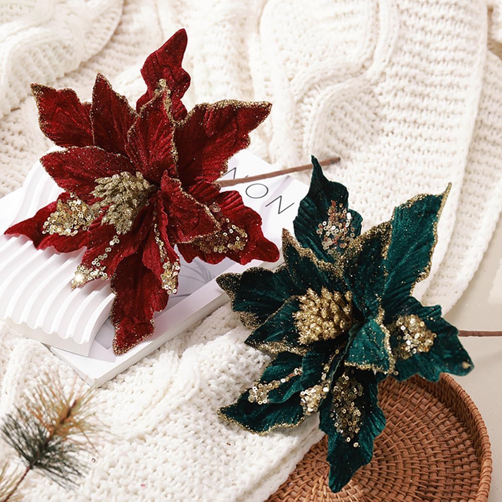 vctops 6 Pcs Christmas Poinsettia Artificial Flowers Shining Glitter Artificial Flower for Xmas Tree Wreath Ornaments New Year Wedding Party Holiday DIY Decoration, Green