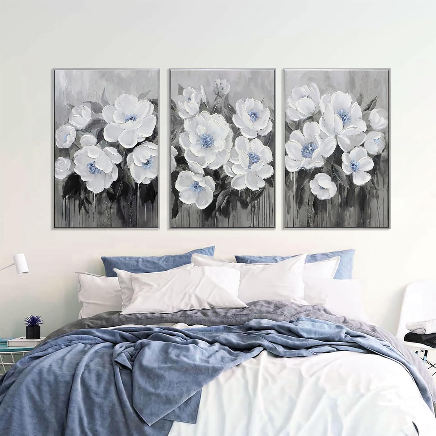 zessonic gray white and blue floral wall art textured set of 3, flowers painting canvas neutral prints aesthetic botanical wall decor nature pictures living room bedroom bathroom office 16"x24"x3pcs 16" x 24" x3 blue white dialogue