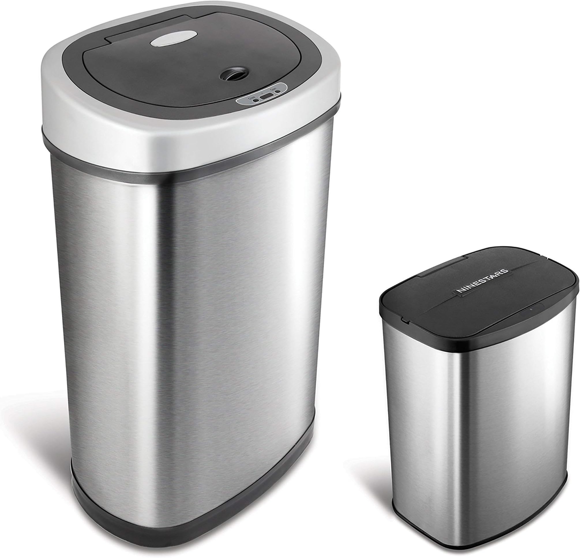 Two Ninestars 50L & 8L Combo SET Oval Series Autobin. Infrared Motion Sensor Self Opening Stainless brushed Satin Silver steel Kitchen Waste Disposable Automatic dust bin. The 50 Litre is ideal for Kitchens whilst the 8 Litres is great for Food compost waste Recycling, Bathroom or even the bedroom. Touchless, pedal, hand & Germ free Refuse trash metal can bins. Prevents cross-contamination!