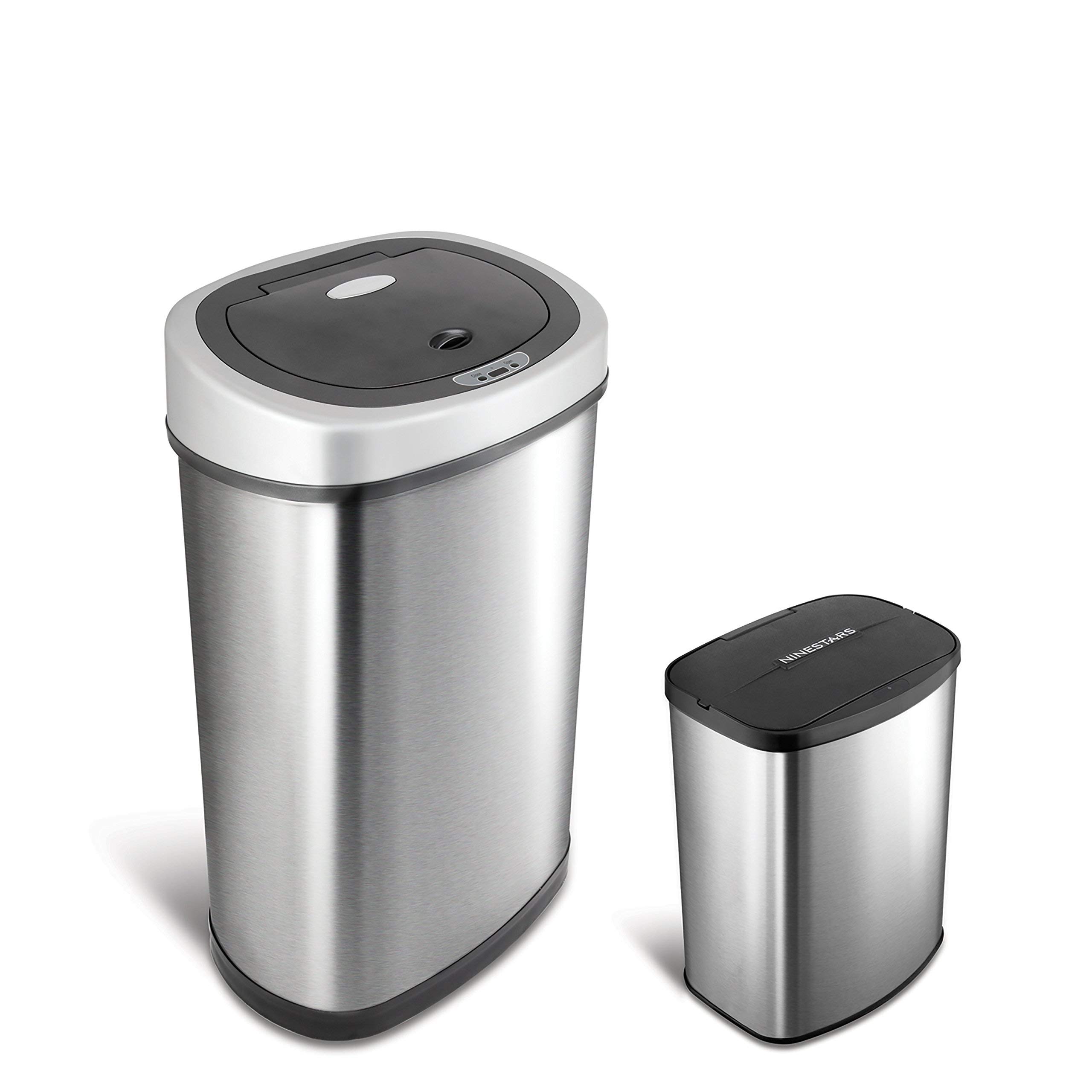 Two Ninestars 50L & 8L Combo SET Oval Series Autobin. Infrared Motion Sensor Self Opening Stainless brushed Satin Silver steel Kitchen Waste Disposable Automatic dust bin. The 50 Litre is ideal for Kitchens whilst the 8 Litres is great for Food compost waste Recycling, Bathroom or even the bedroom. Touchless, pedal, hand & Germ free Refuse trash metal can bins. Prevents cross-contamination!