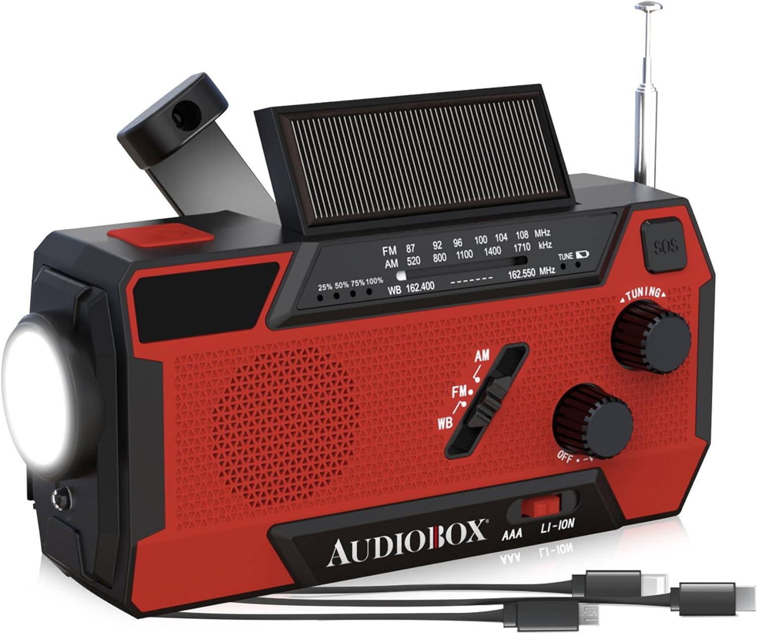 AudioBox RXP-200 Emergency NOAA Radio with SOS Alarm, Flashlight, Energy Financial institution, Photo voltaic/Hand Crank Charging, AM/FM/WB, IPX3 Water Resistant, 2000mAh Battery, USB Kind-C, for Tenting & Storm Prep