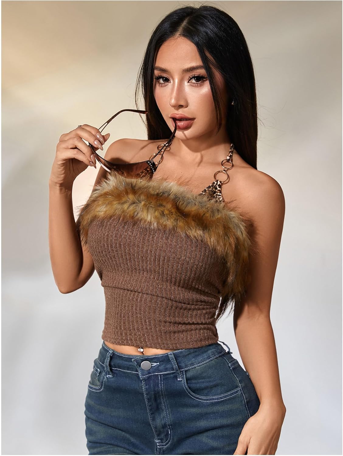 MakeMeChic Women's Faux Fur Leopard Halter Tops Metal Ring Tie Back Y2k Concert Top - Image 4