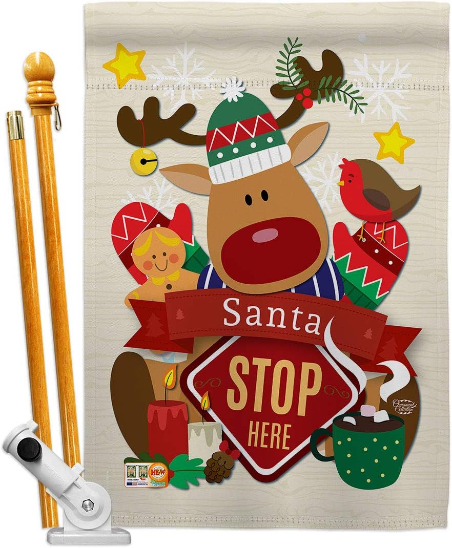 Santa Stop Here House Flag Dowel Set Wintertime Christmas Marry Xmas Present Reindeer Season Snow Small Decorative Gift Yard Banner Made In USA 28 X 40