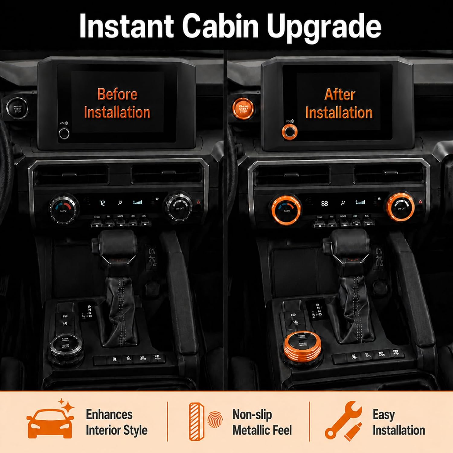 for Toyota Tacoma 2024 2025 2026 & 4Runner 2025 2026 Accessories, 8-Inch Display Aluminum Alloy Knob Cover Trim 6-Piece Set – Fits AC Volume Drive Mode 4WD Push Start Button Ring (Orange)