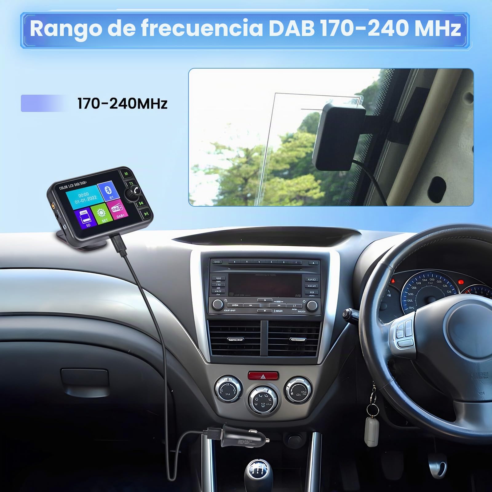 Inefala Dab+ - Adaptador para radio de coche, pantalla LCD de 2,4 pulgadas, con manos libres Bluetooth, transmisor Dab, transmisor FM, AUX in/Out, TF Card Music Play, cargador de coche