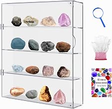 Rock Collection Display Case, Crystal Acrylic Storage Box with 4 Tiers and Gem Knowledge Handbook for Kids, Gem and Stone Collection Case for Display