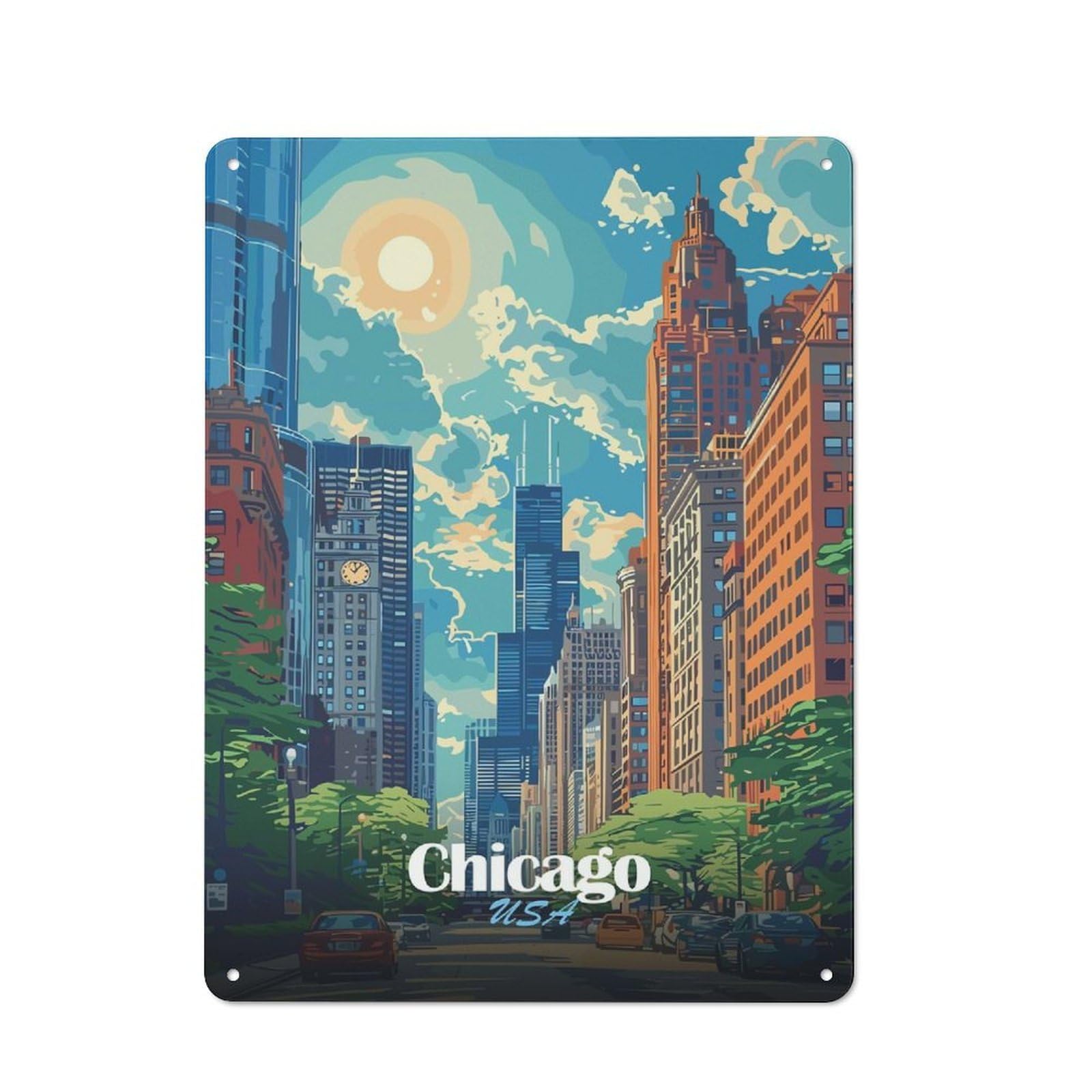Junmoney Style-1 Chicago Cityscape Illustration Retro Metal Sign 40X30cm For Garage Or Workshop, With Clear Retro Wall Decor Character