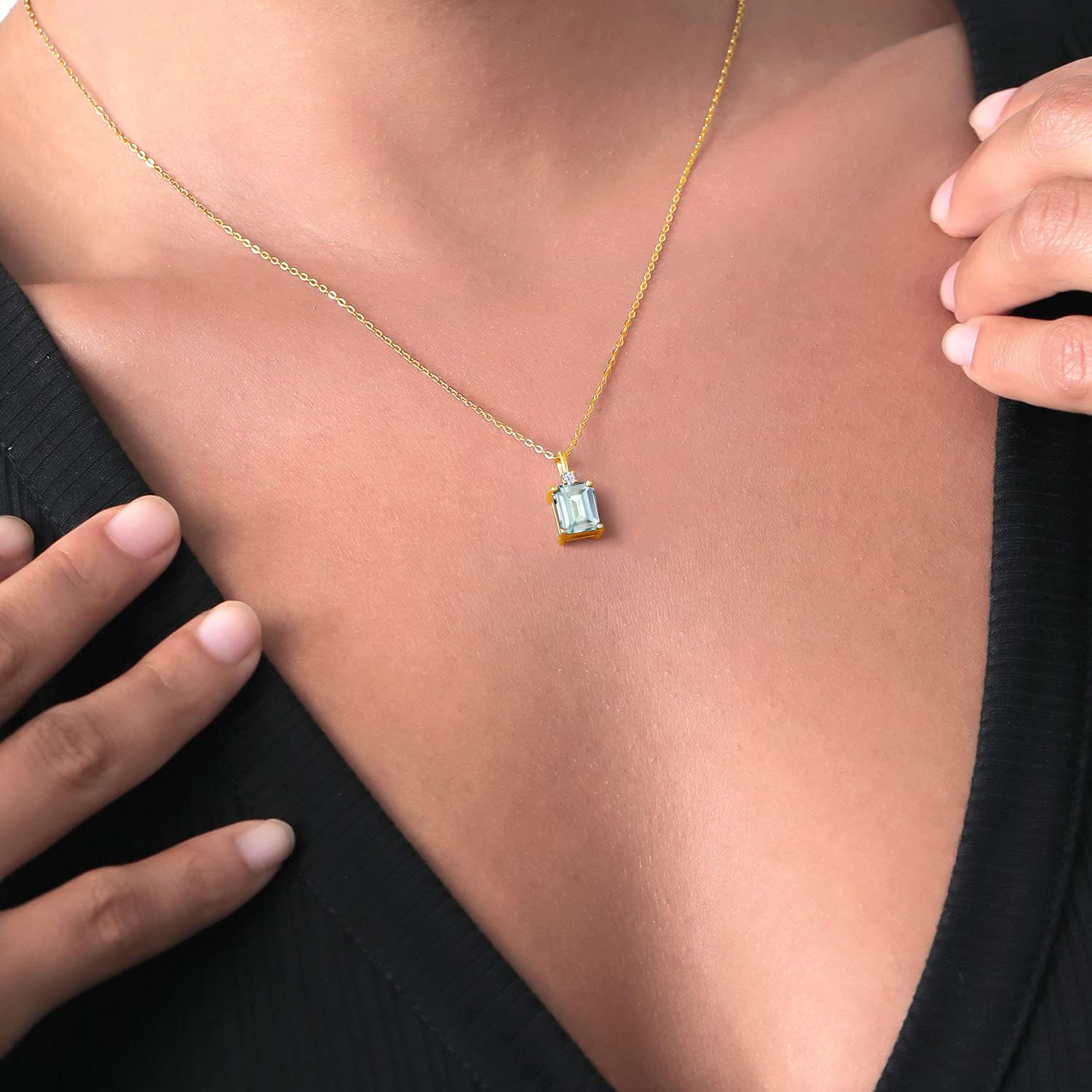 18K Yellow Gold Plated Silver Gemstone Birthstone Solitaire Pendant Necklace for Women | Emerald Cut 9X7MM and 2MM Round White Accents | With 18 Inch Chain | Fine Jewelry for Her Mom Wife
