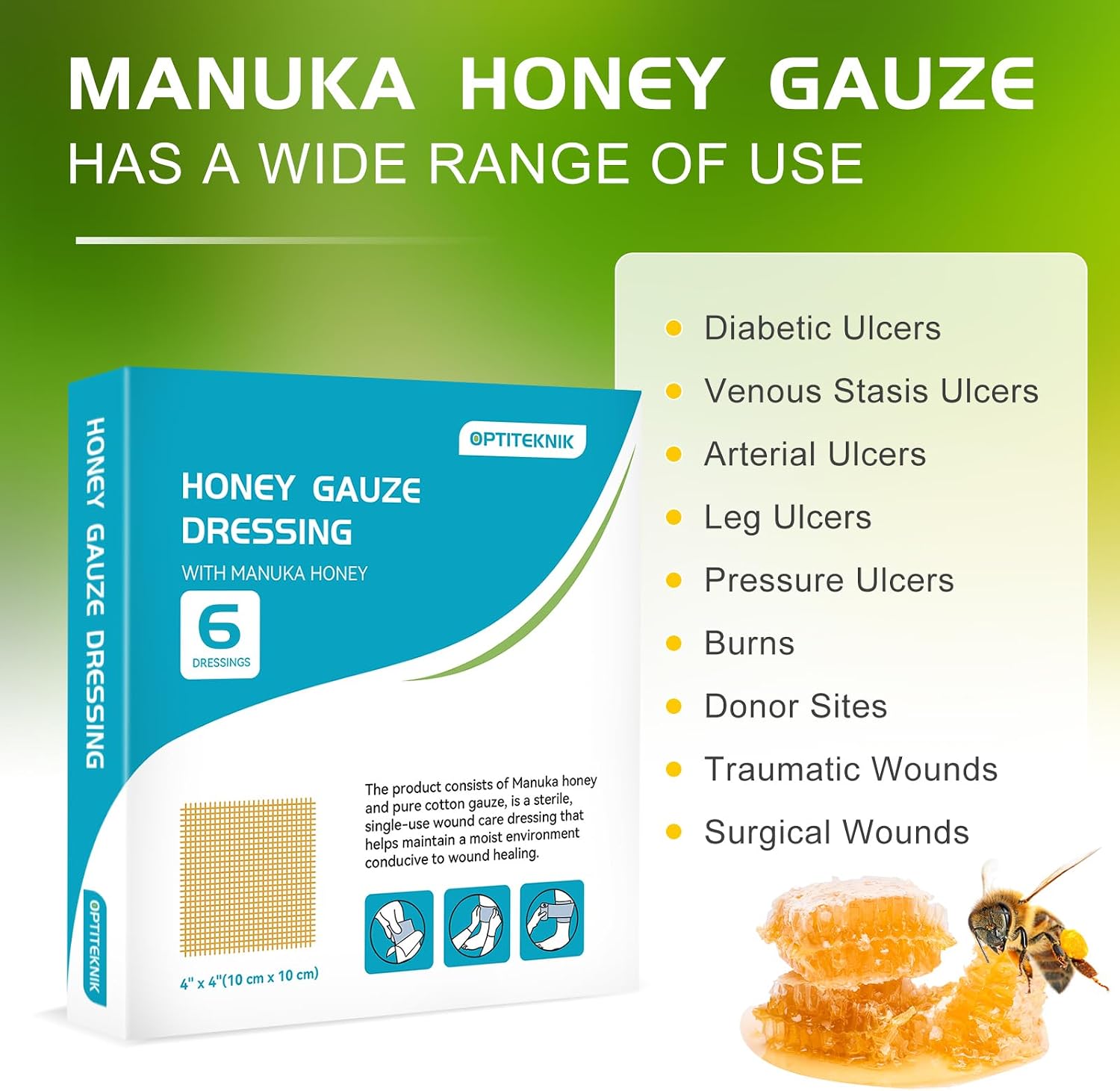 Manuka Honey Gauze Dressing 4"x4"(Pack of 6), Manuka Honey Wound Care Bandage for Cuts, Scalds and Burns, Wound Dressing Patch image 5