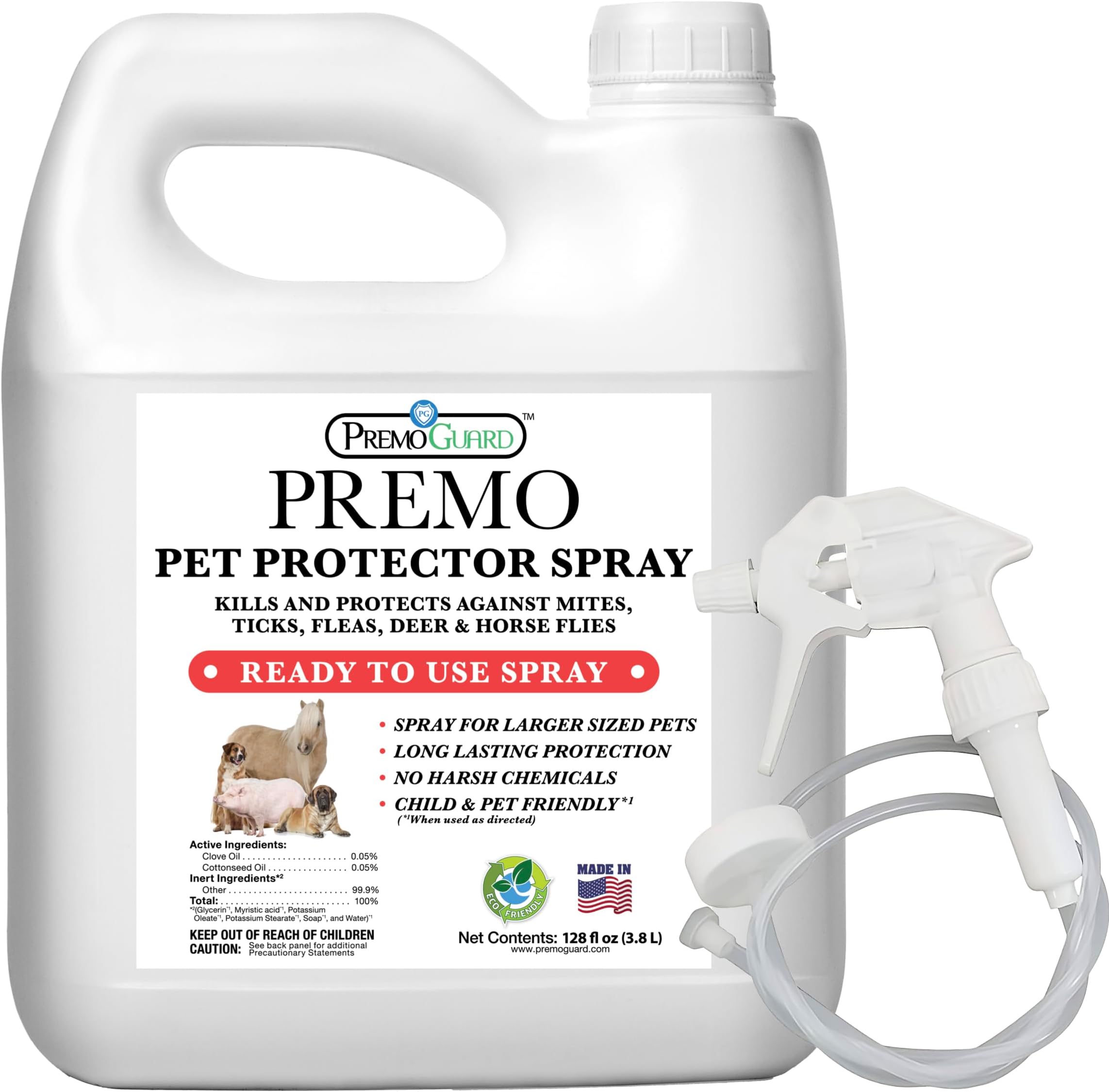Premo Guard Pet Protector Spray - 128 oz - Kills Mites, Fleas, Ticks, & Mosquitoes - for Dogs, Cats, & Home - Natural Plant Based Oils for Control, Prevention & Treatment - Family Safe